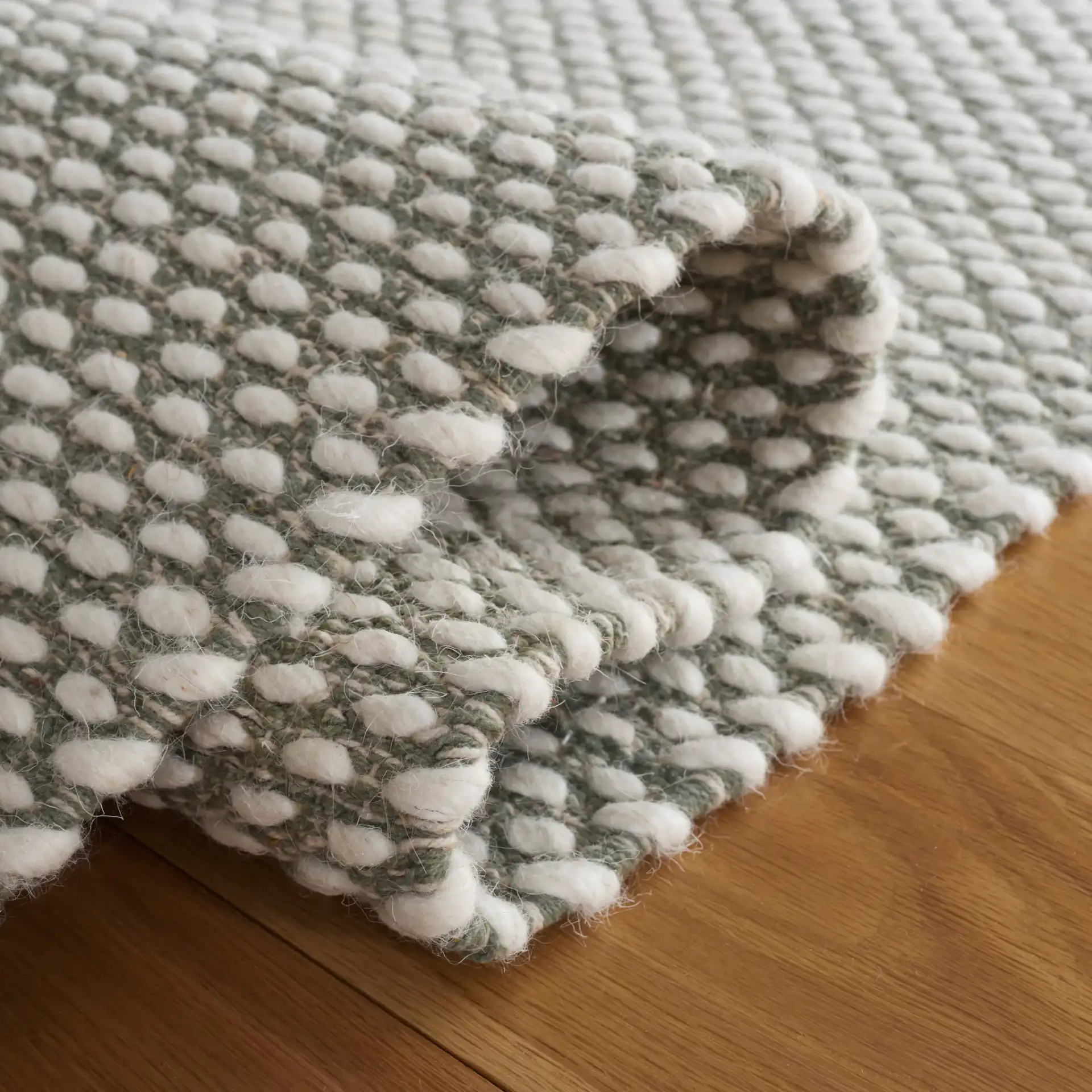 Vermont Textured Flatweave Wool Rug in Green in a styled room