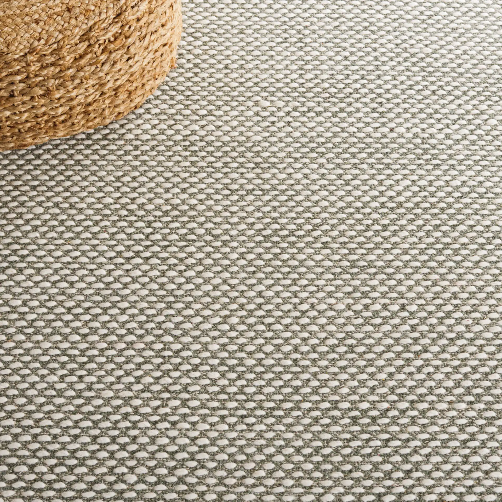 Vermont Textured Flatweave Wool Rug in Green in a styled room