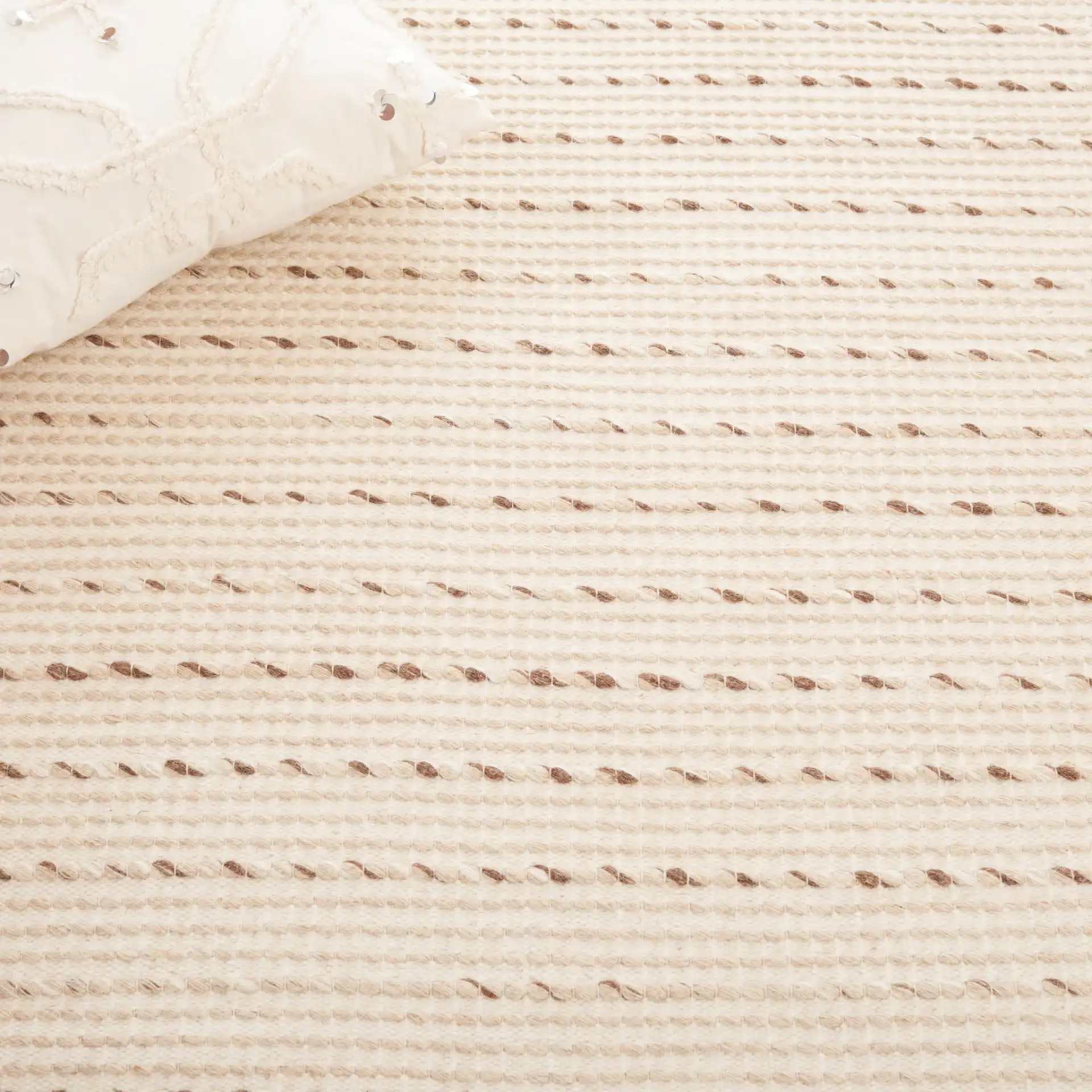 Vermont Dashed Stripe Flatweave Wool Rug in Ivory / Beige in a styled room