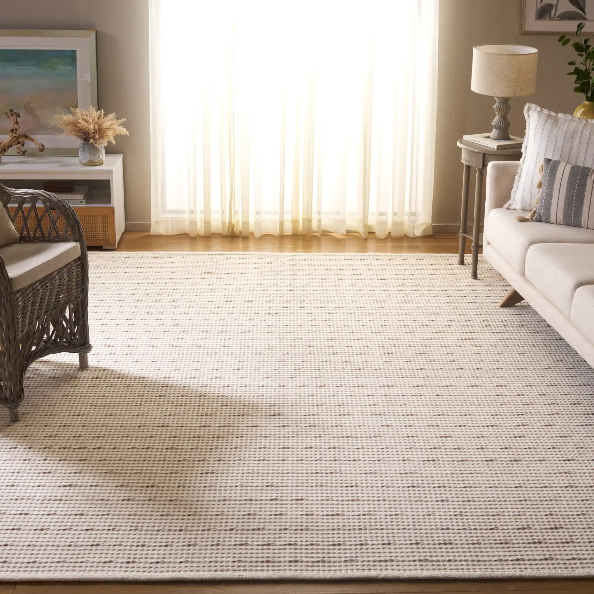 Vermont Dashed Stripe Flatweave Wool Rug in Ivory / Beige in a styled room