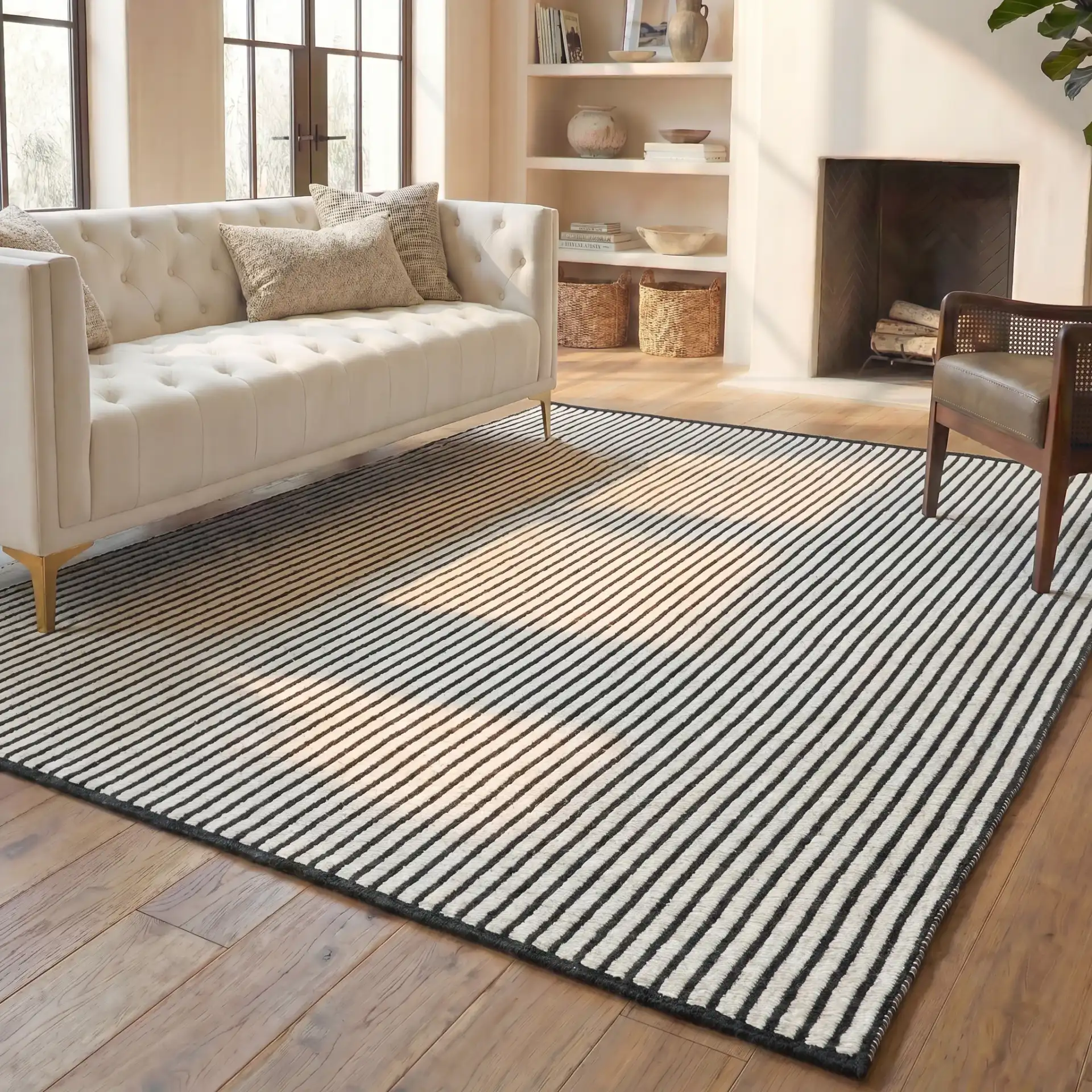 Vermont Pinstripe Hand-Woven Wool Rug in Dark Green / Ivory in a styled room
