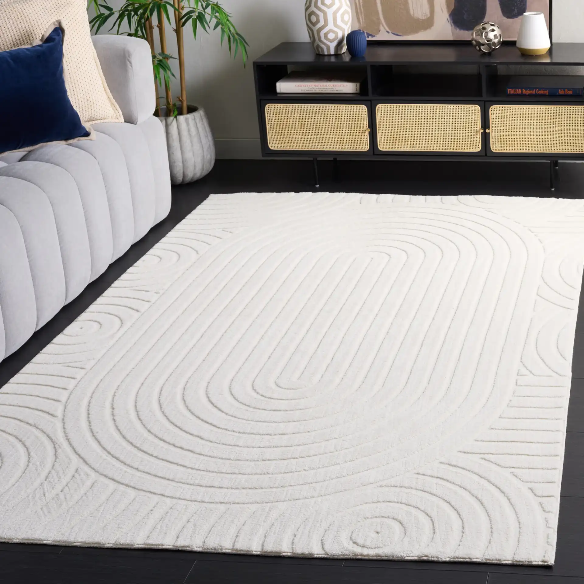 Versailles Concentric Arches Washable Rug in Ivory in a styled room