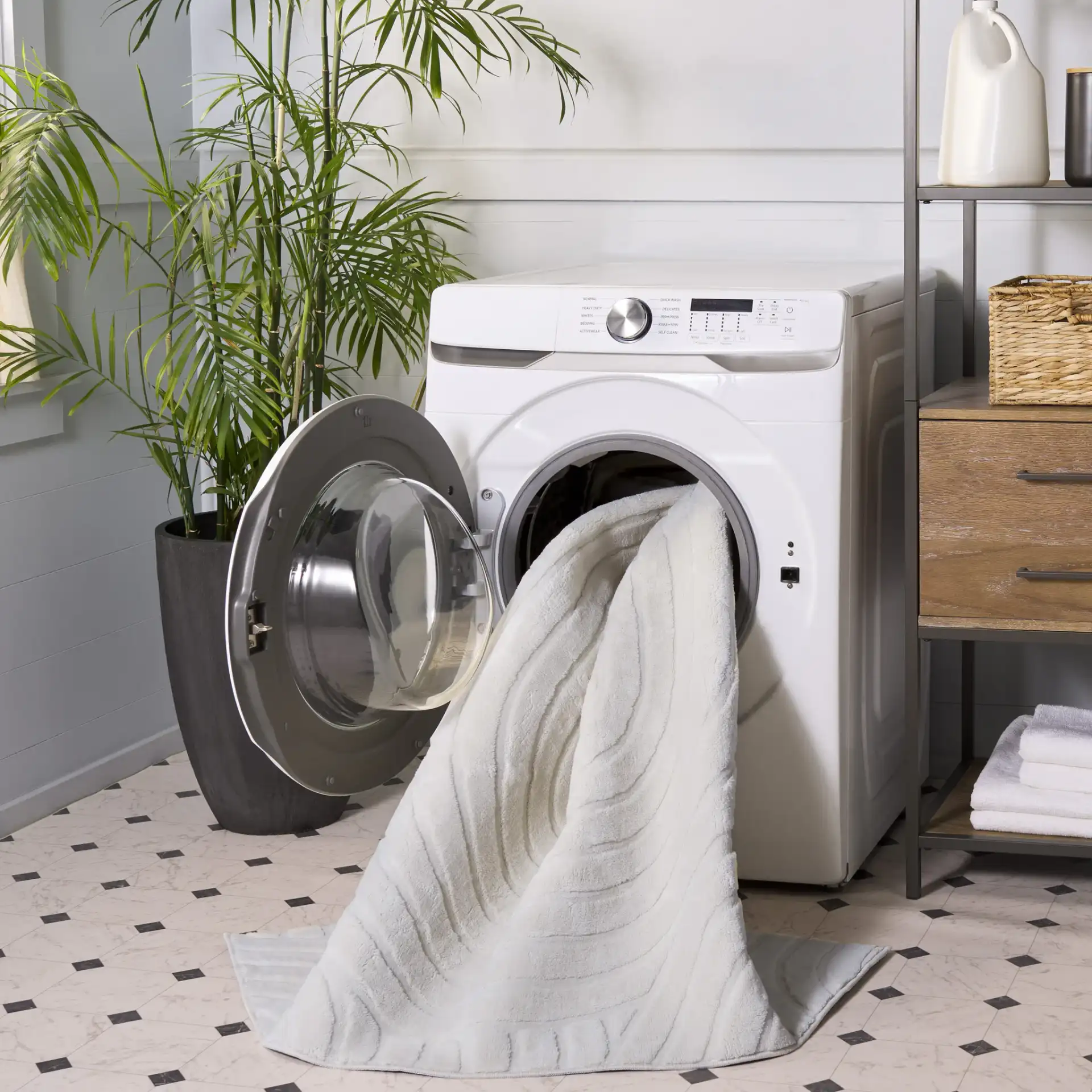 Versailles Concentric Arches Washable Rug in Ivory in a styled room