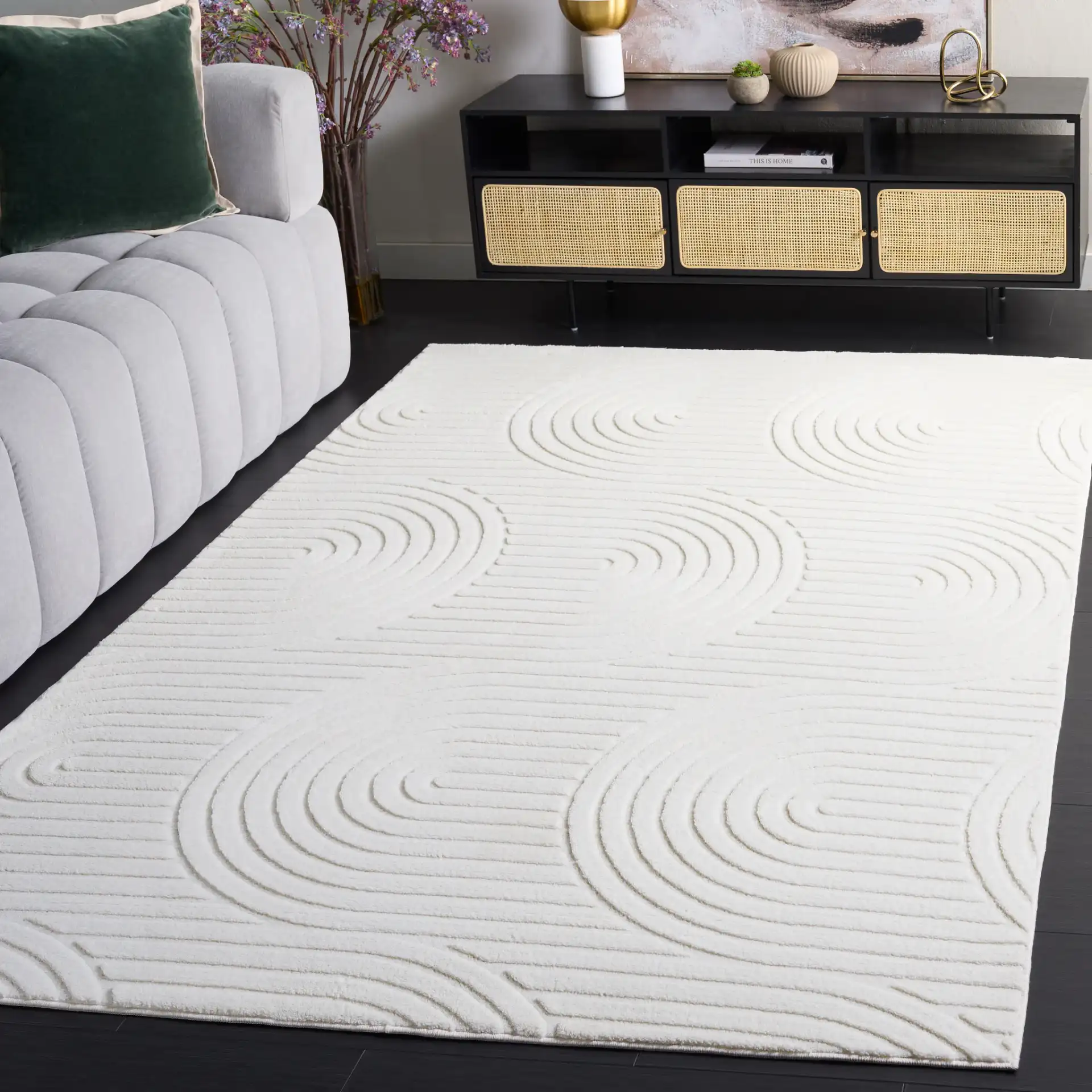 Versailles Nested Arches Washable Rug in Ivory in a styled room