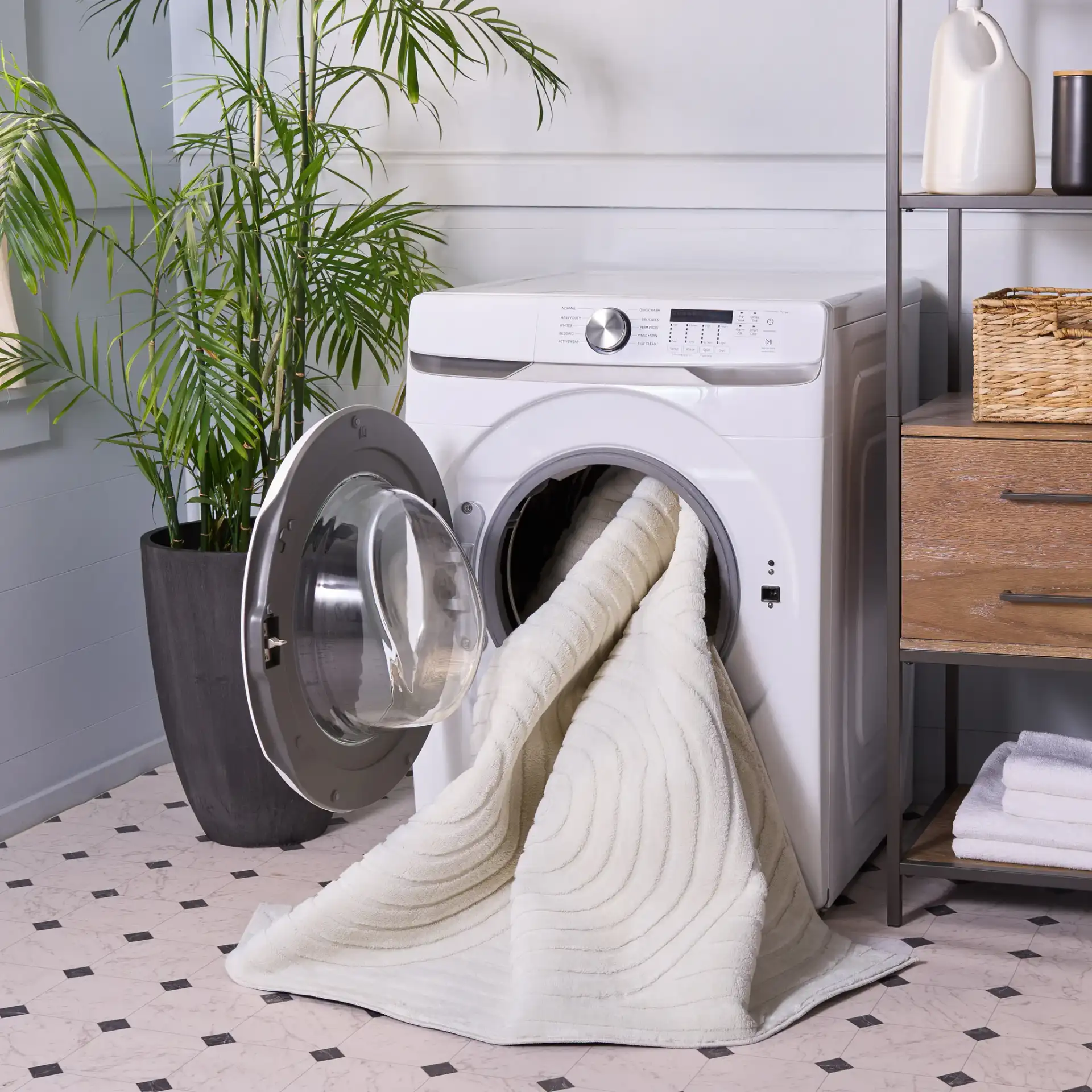 Versailles Nested Arches Washable Rug in Ivory in a styled room