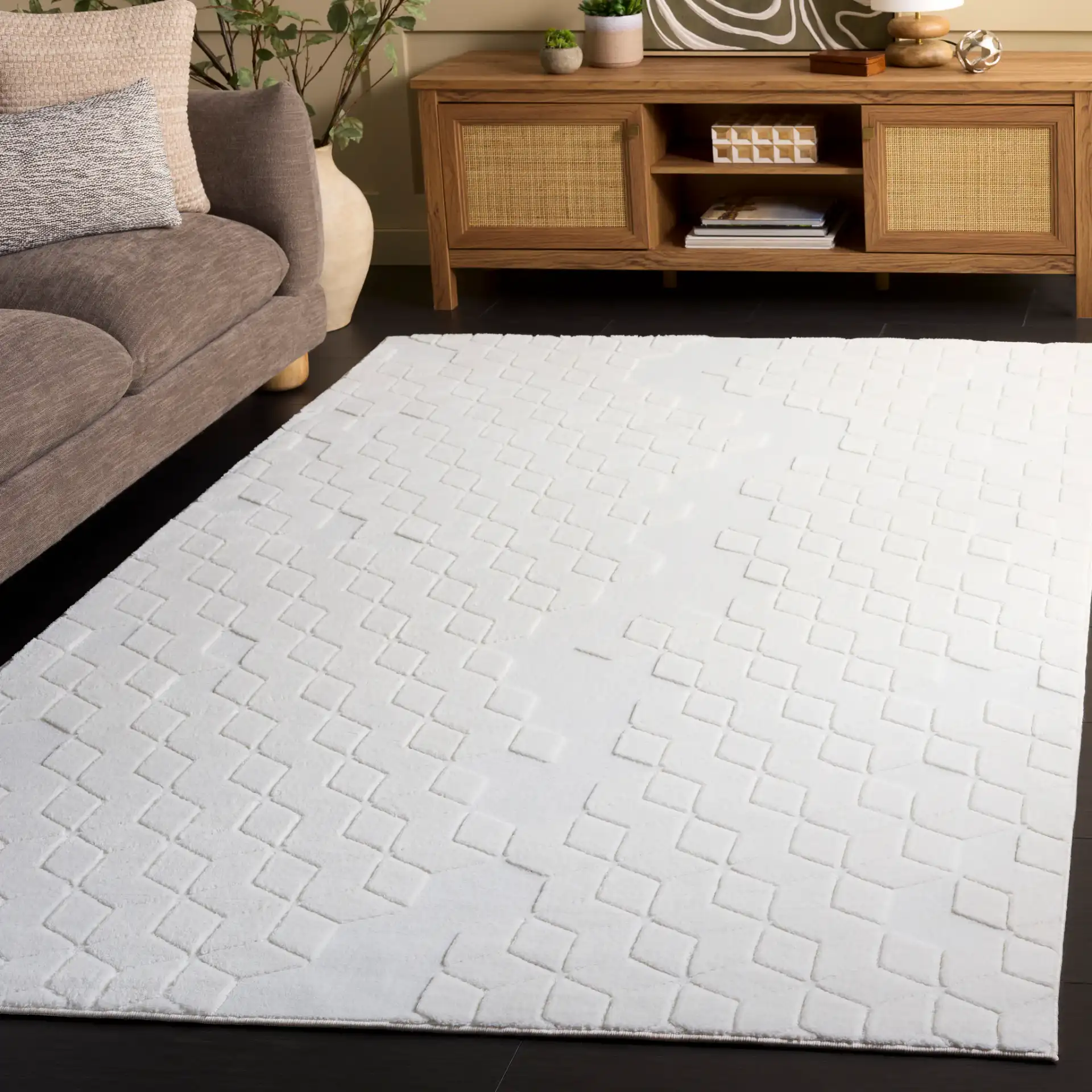 Versailles Cube Washable Rug in Ivory in a styled room