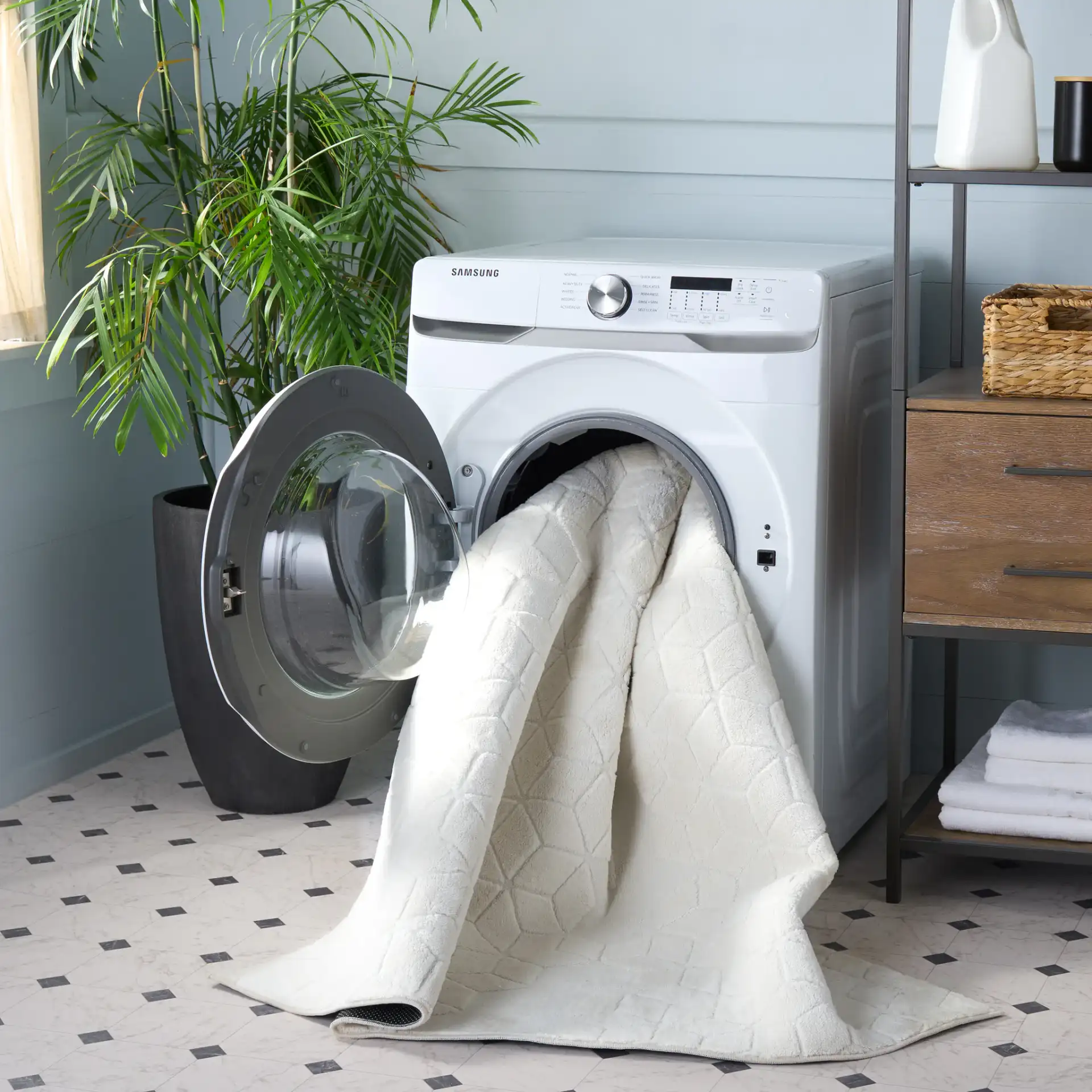 Versailles Cube Washable Rug in Ivory in a styled room