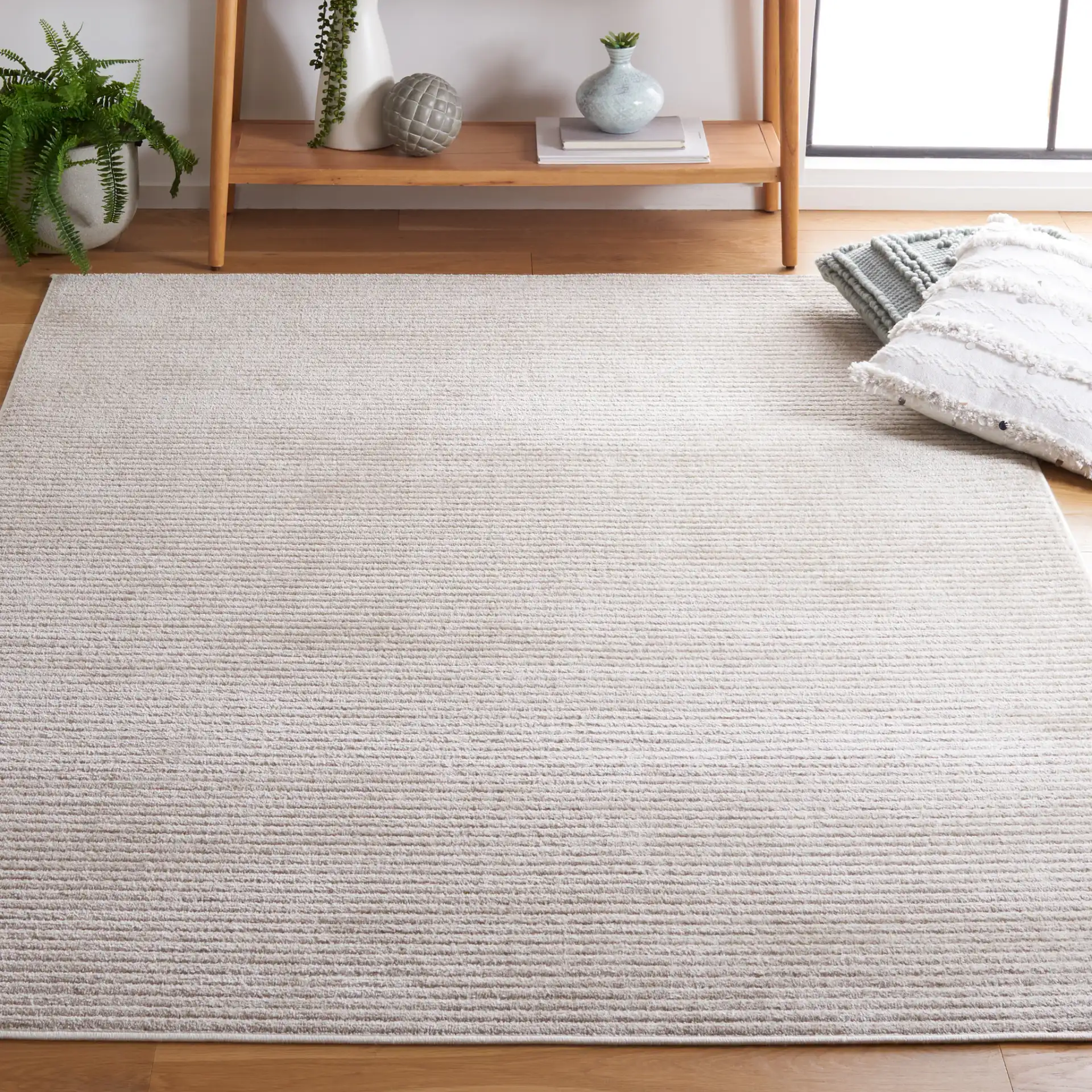 Vision Ribbed Rug in Beige in a styled room