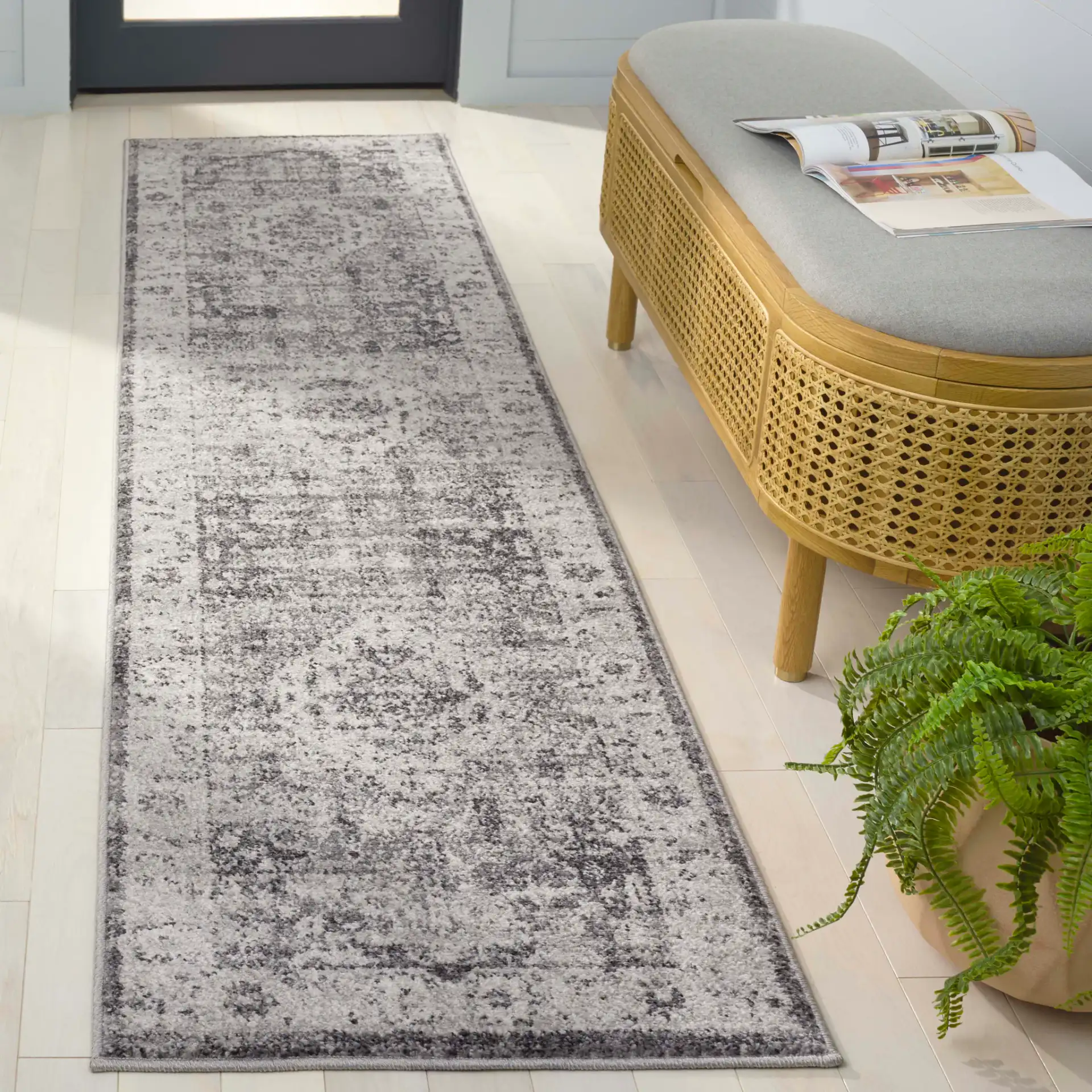 Vintage Tabriz Medallion Bordered Rug in Gray / Charcoal in a styled room