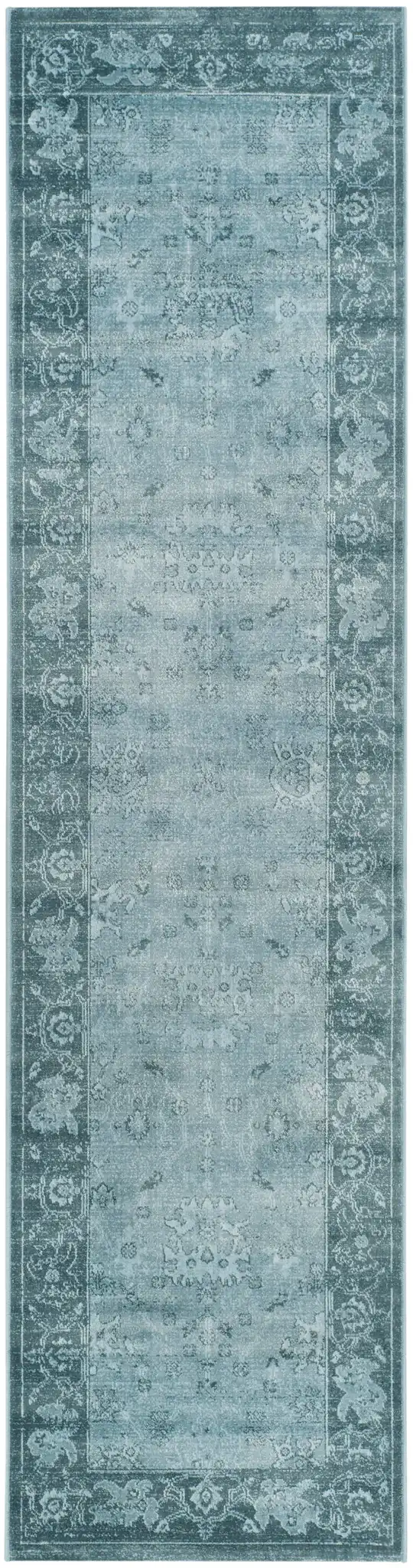 Vintage Traditional Floral Border Viscose Rug in Light Blue / Dark Blue, detail view