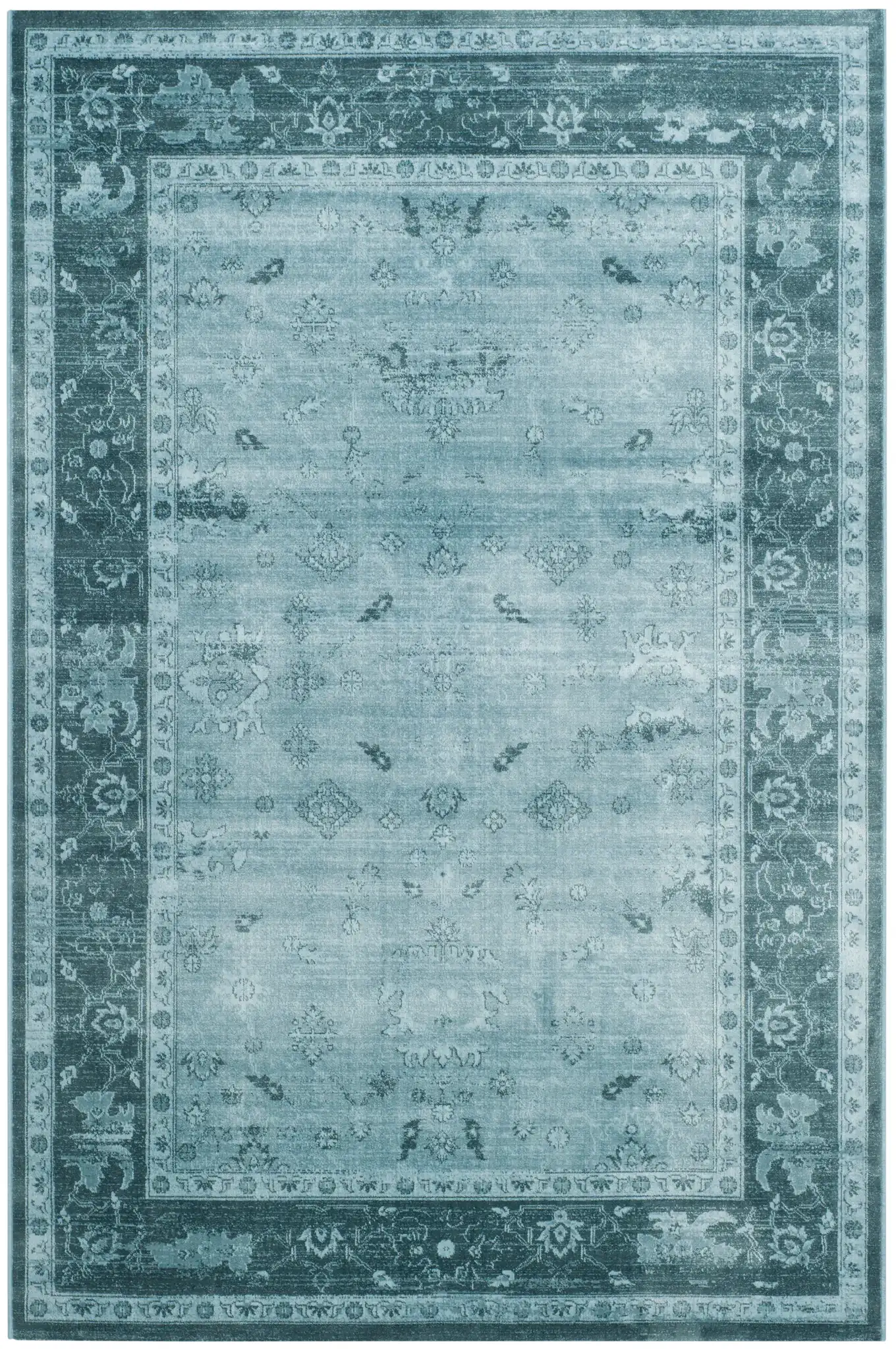 Vintage Traditional Floral Border Viscose Rug in Light Blue / Dark Blue, detail view