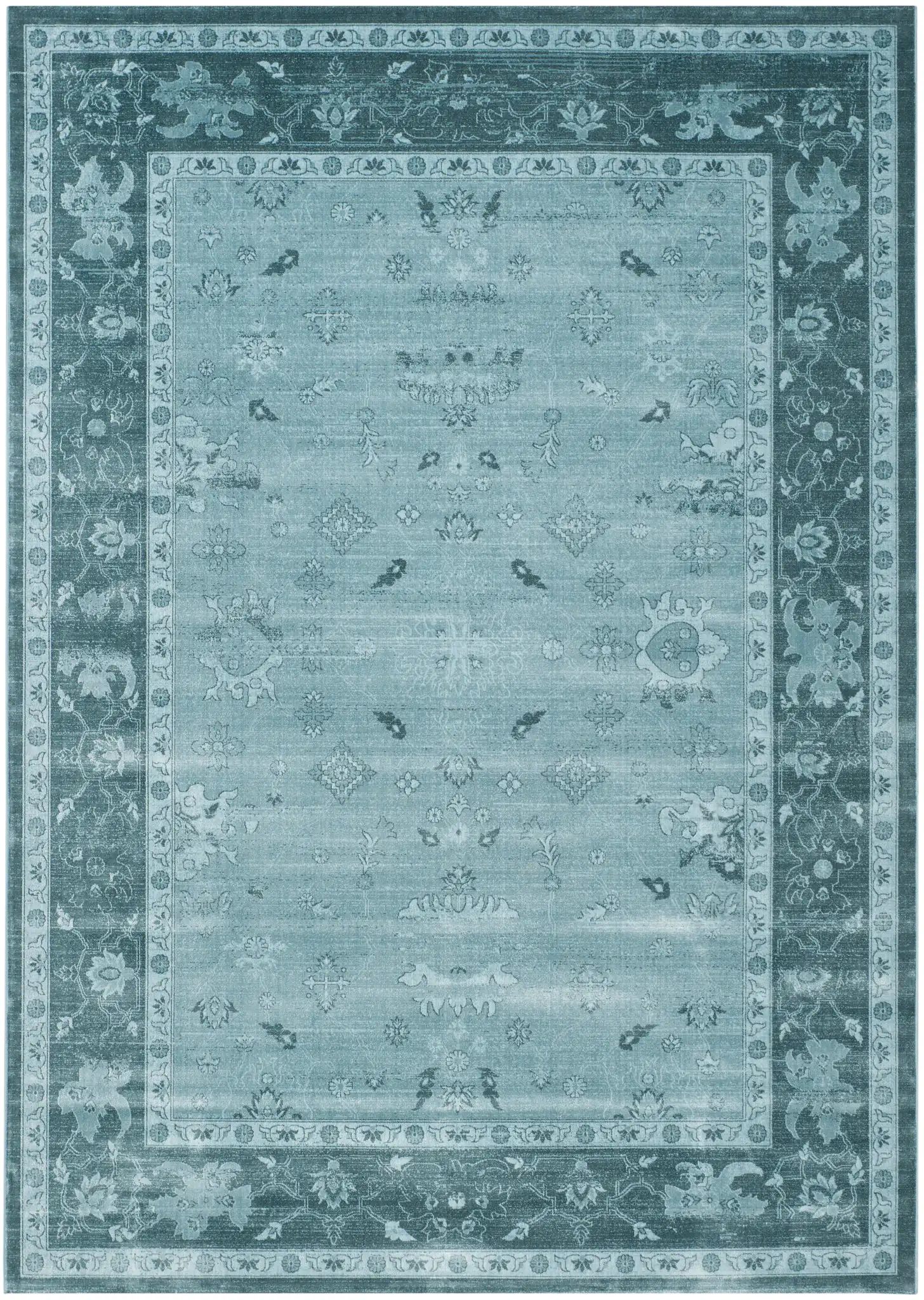 Vintage Traditional Floral Border Viscose Rug in Light Blue / Dark Blue