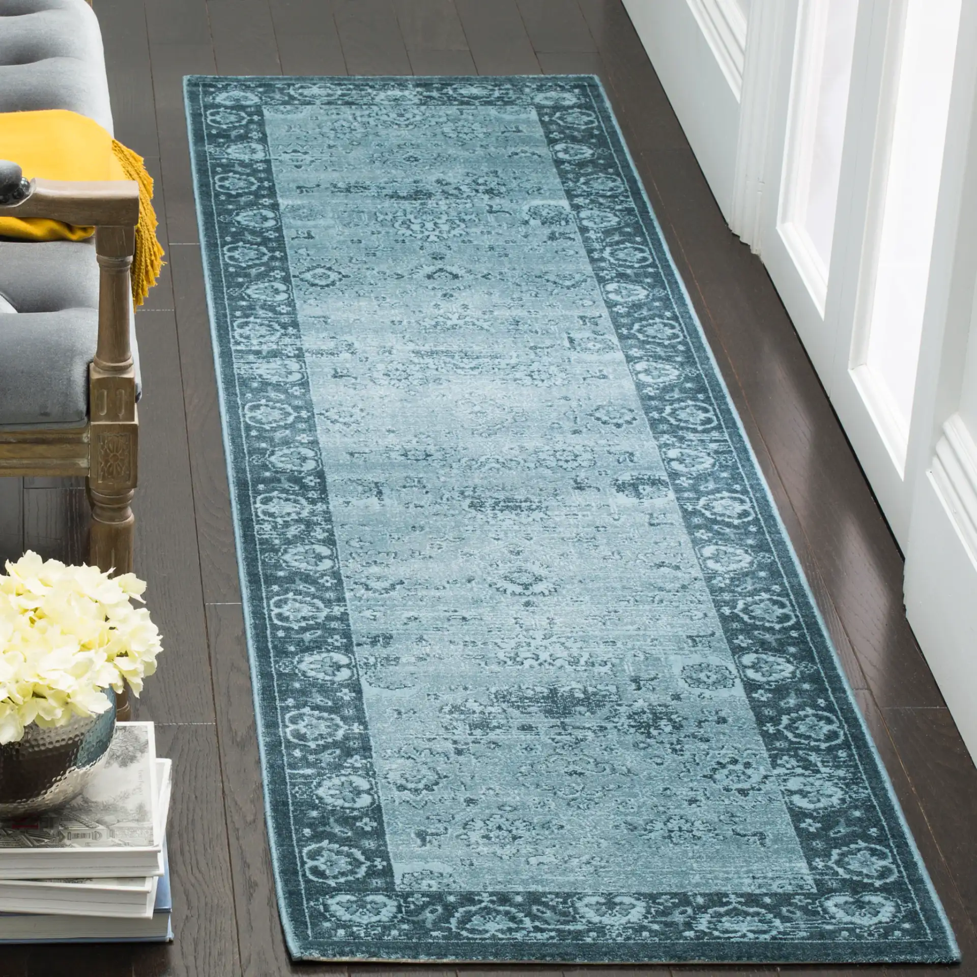 Vintage Persian Allover Viscose Rug in Light Blue / Dark Blue in a styled room
