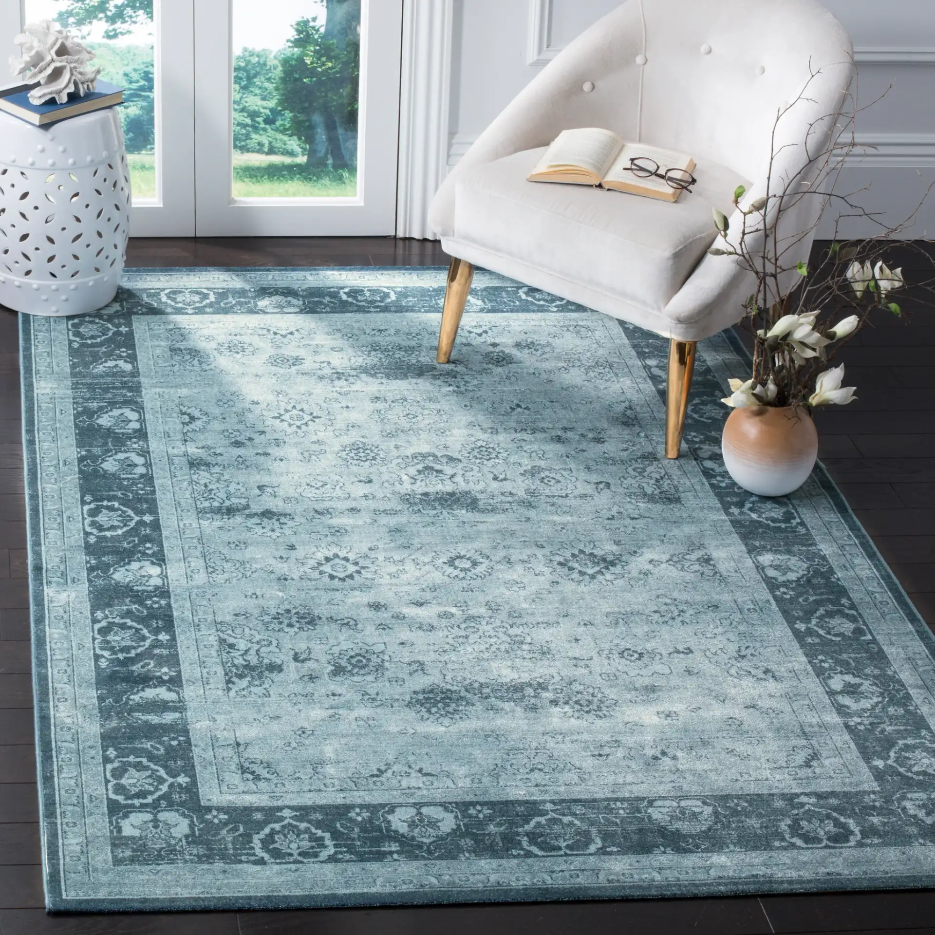 Vintage Persian Allover Viscose Rug in Light Blue / Dark Blue in a styled room