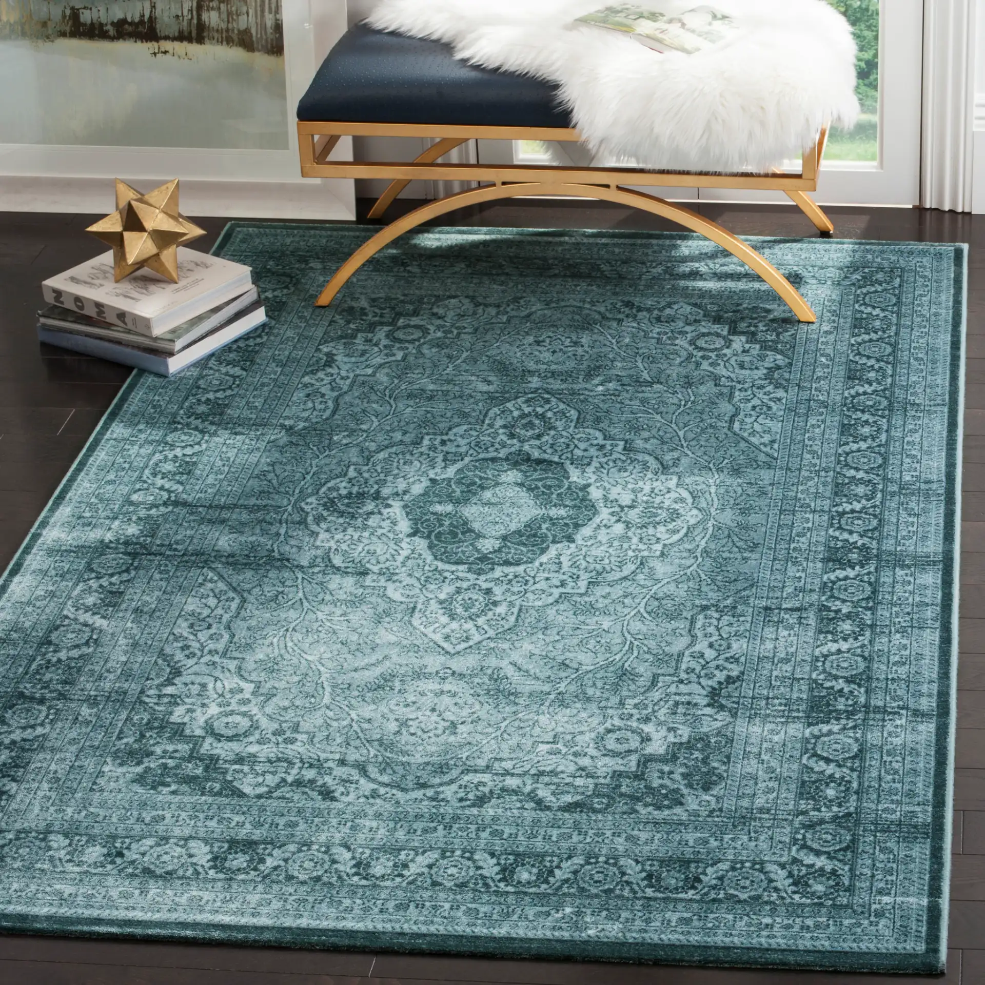 Vintage Ornamental Medallion Viscose Rug in Light Blue / Dark Blue in a styled room