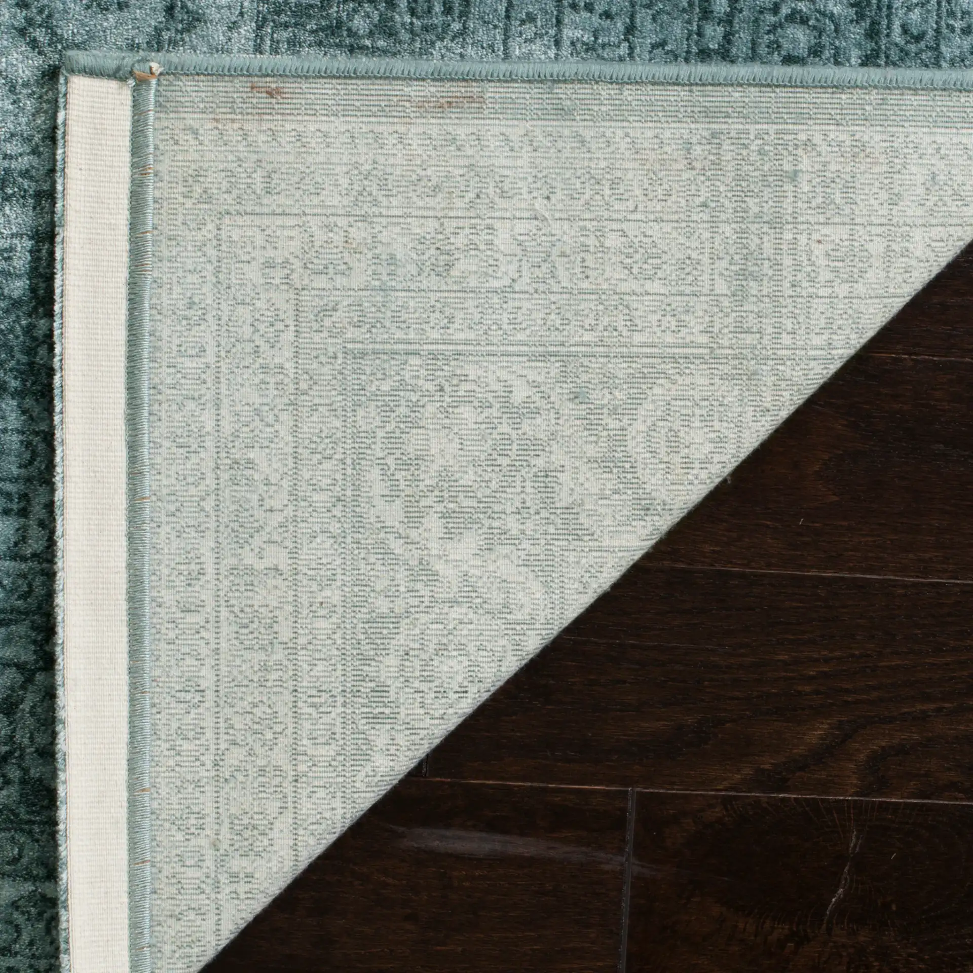 Vintage Ornamental Medallion Viscose Rug in Light Blue / Dark Blue in a styled room