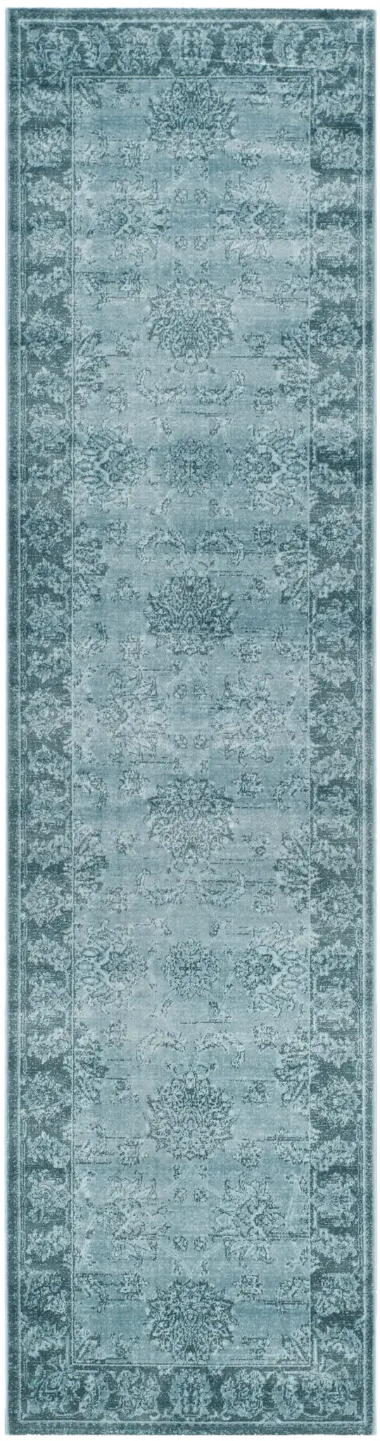 Vintage Floral Bordered Viscose Rug in Light Blue / Dark Blue, detail view