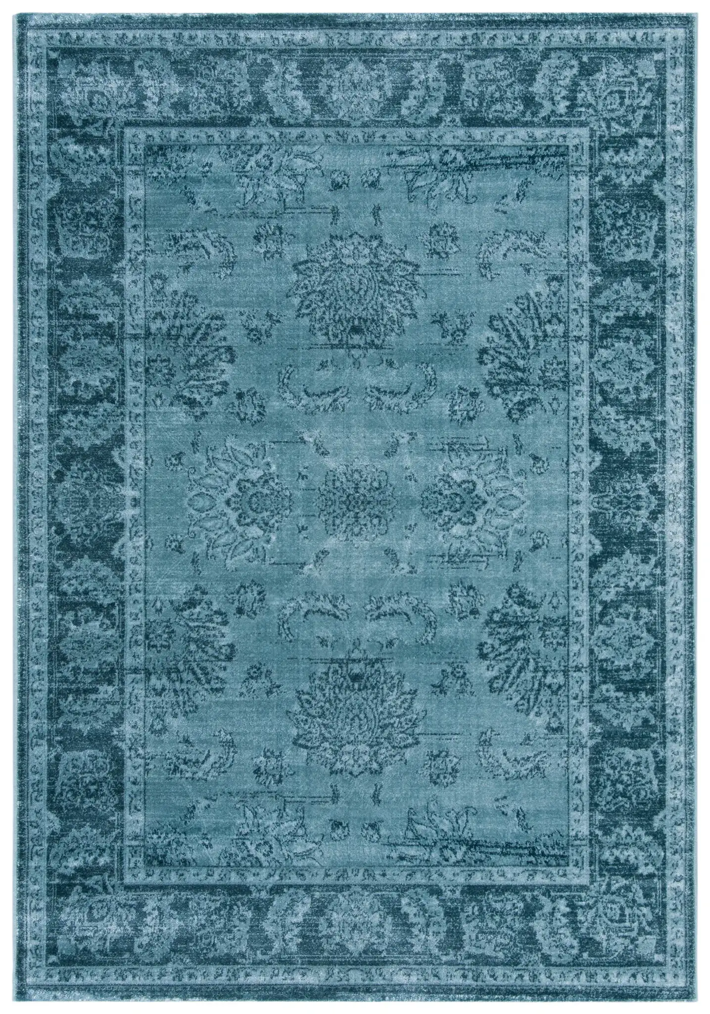 Vintage Floral Bordered Viscose Rug in Light Blue / Dark Blue