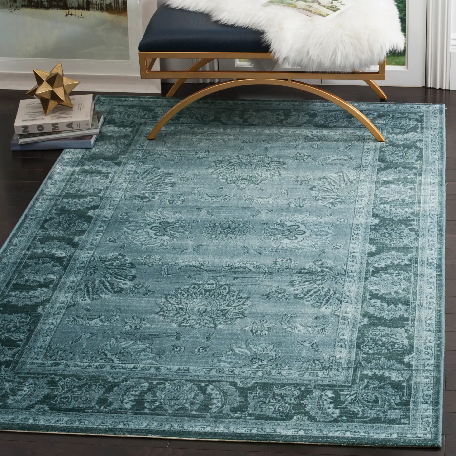 Vintage Floral Bordered Viscose Rug in Light Blue / Dark Blue in a styled room