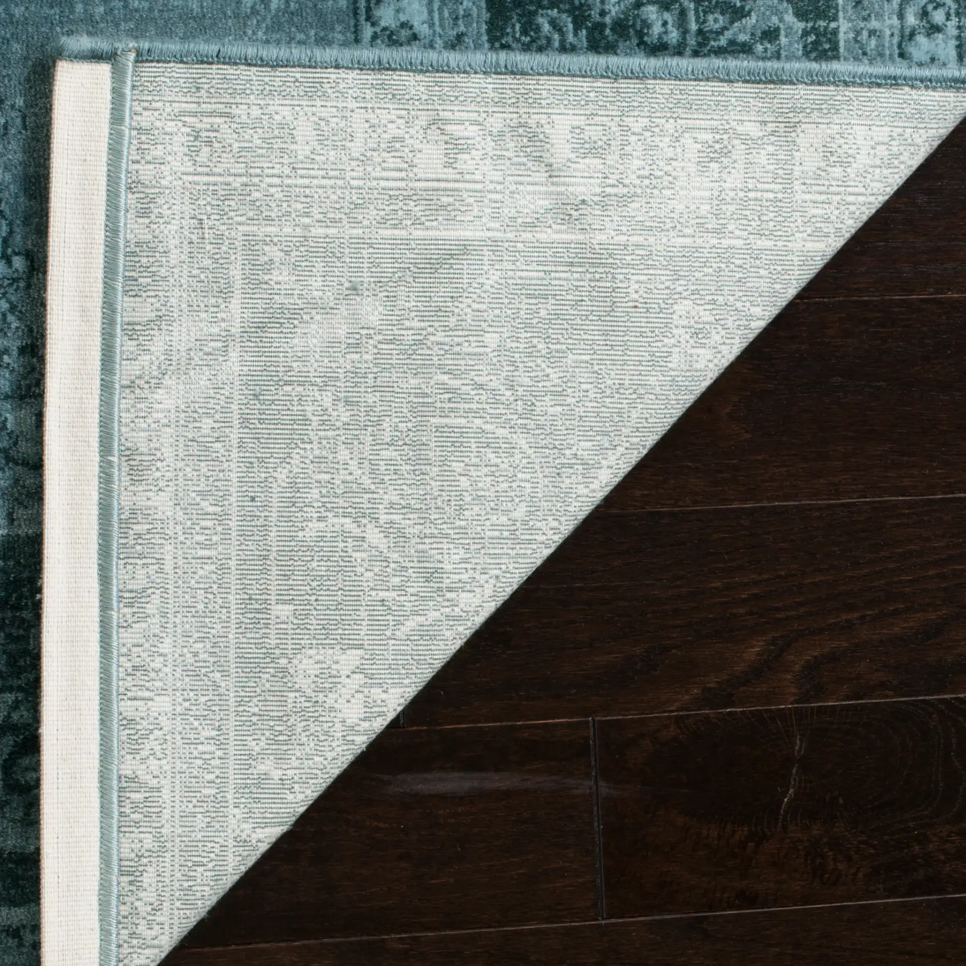 Vintage Floral Bordered Viscose Rug in Light Blue / Dark Blue in a styled room