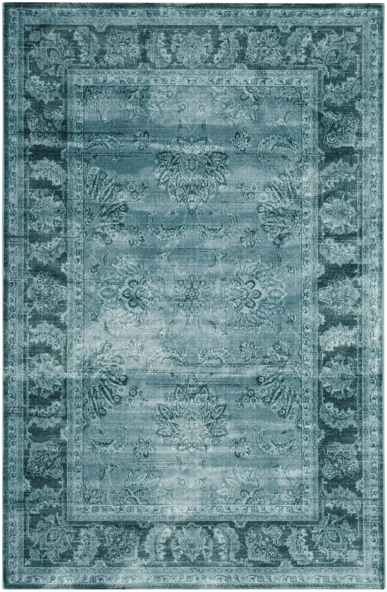 Vintage Floral Bordered Viscose Rug in Light Blue / Dark Blue, detail view