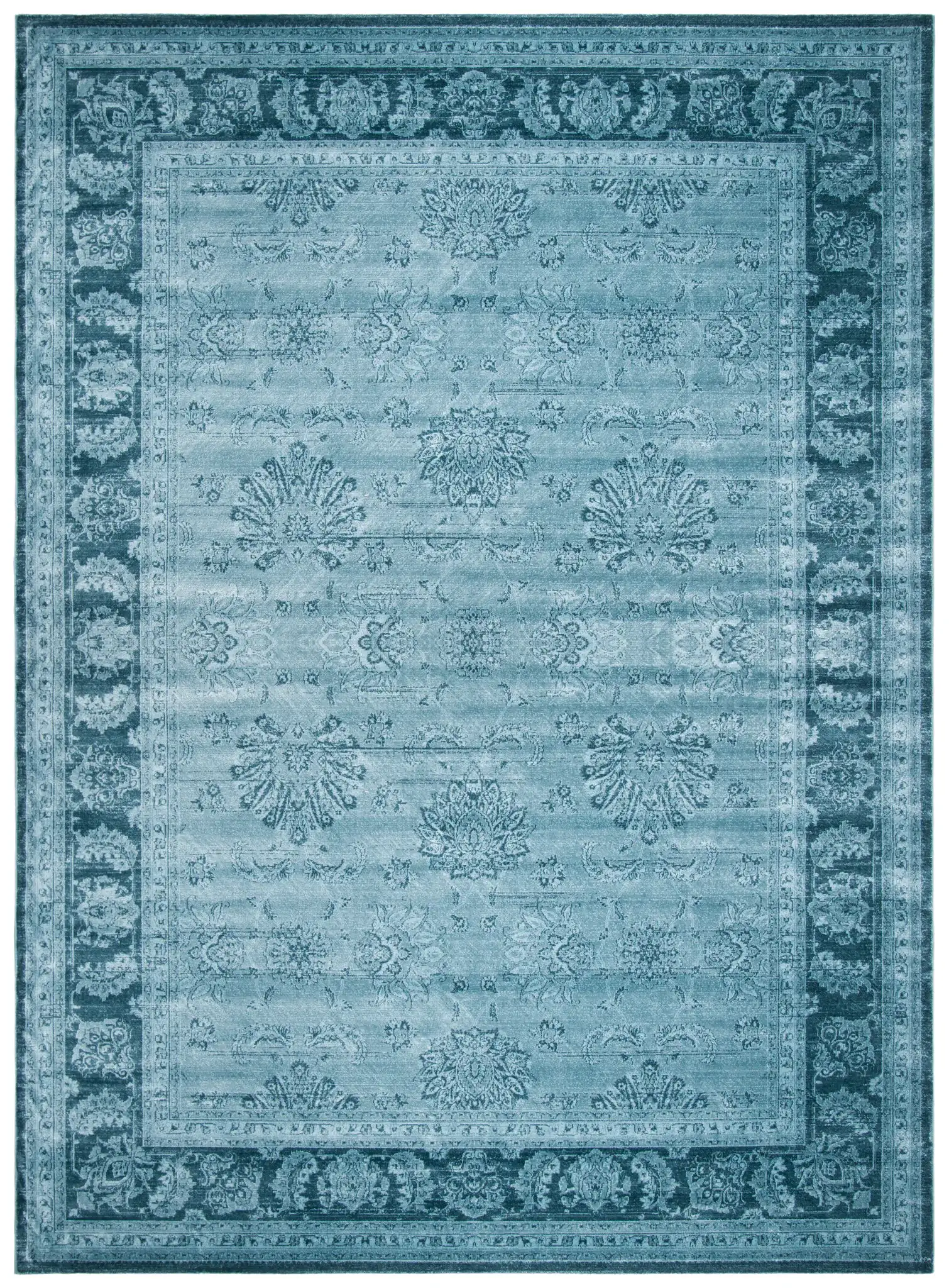 Vintage Floral Bordered Viscose Rug in Light Blue / Dark Blue, detail view