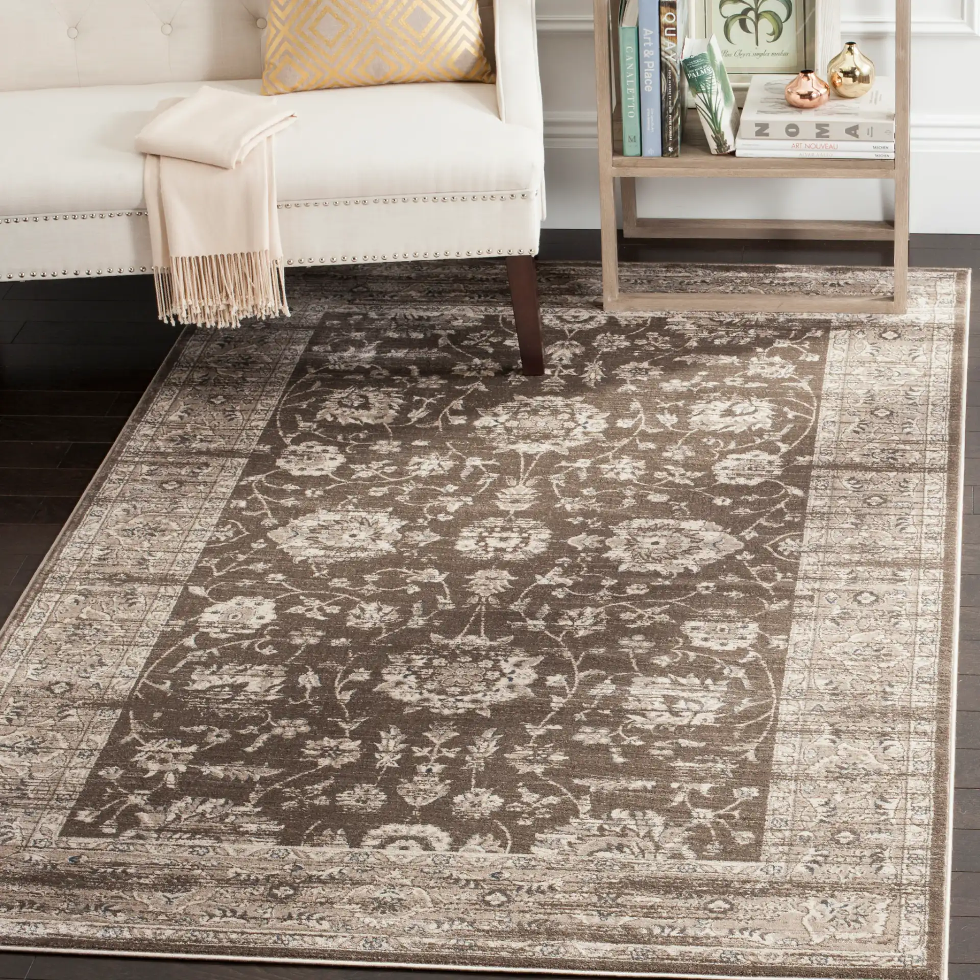 Vintage Distressed Floral Vine Rug in Brown / Ivory in a styled room
