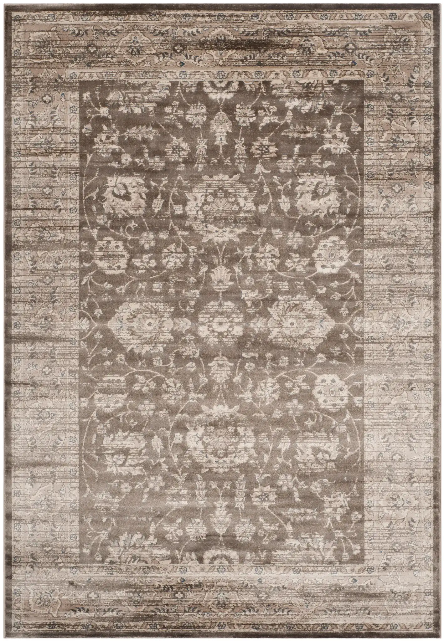 Vintage Distressed Floral Vine Rug in Brown / Ivory