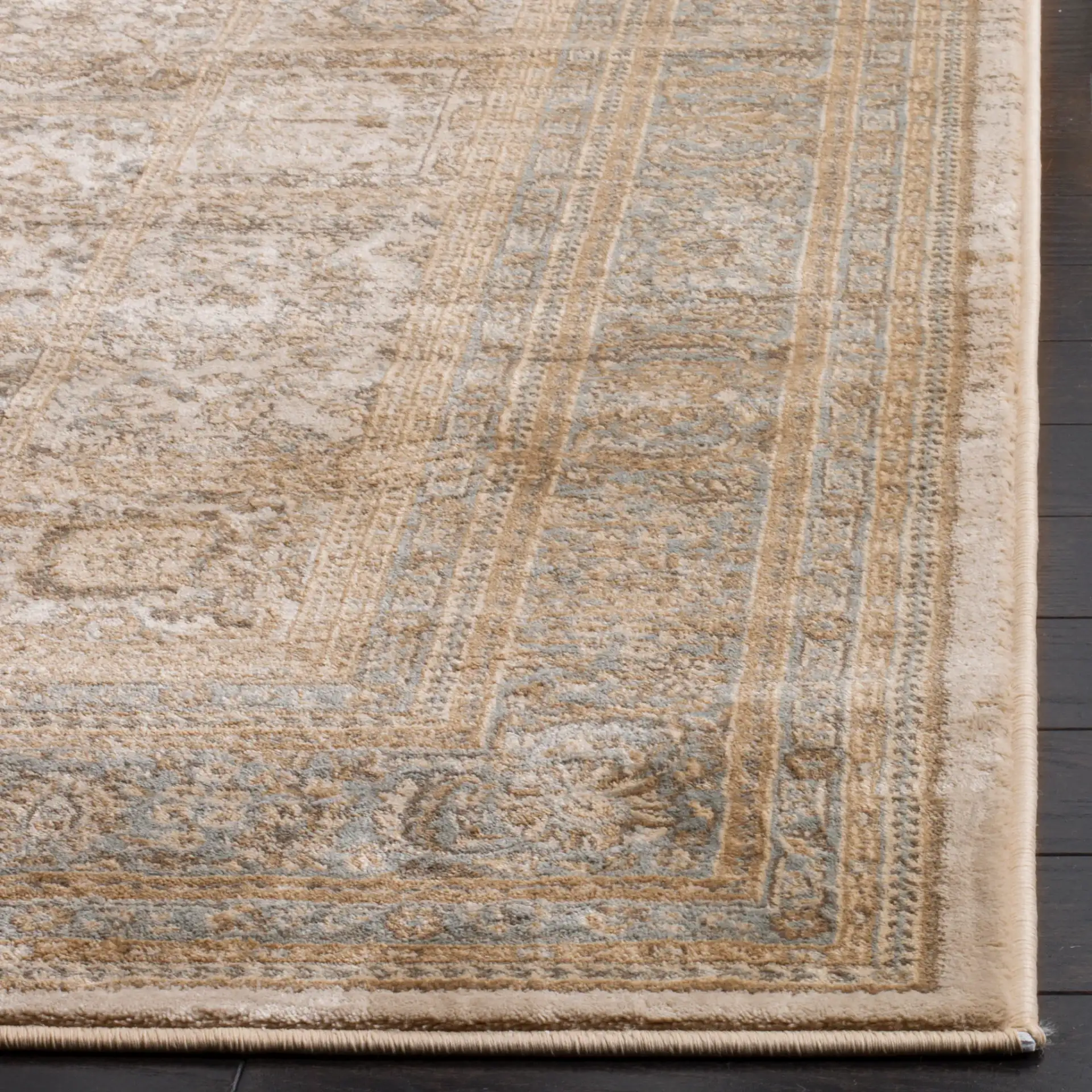 Vintage Panel Rug in Ivory / Light Blue in a styled room