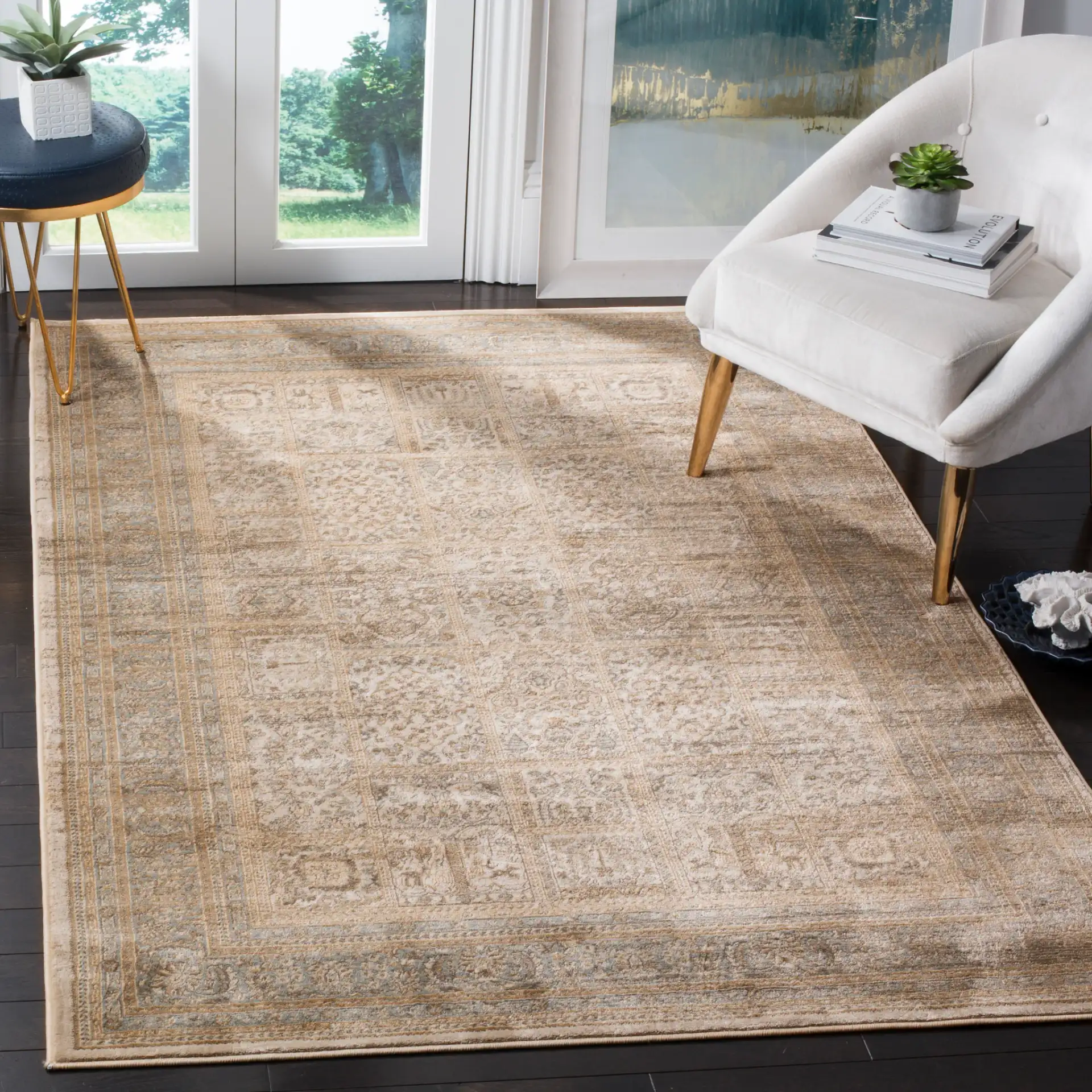 Vintage Panel Rug in Ivory / Light Blue in a styled room