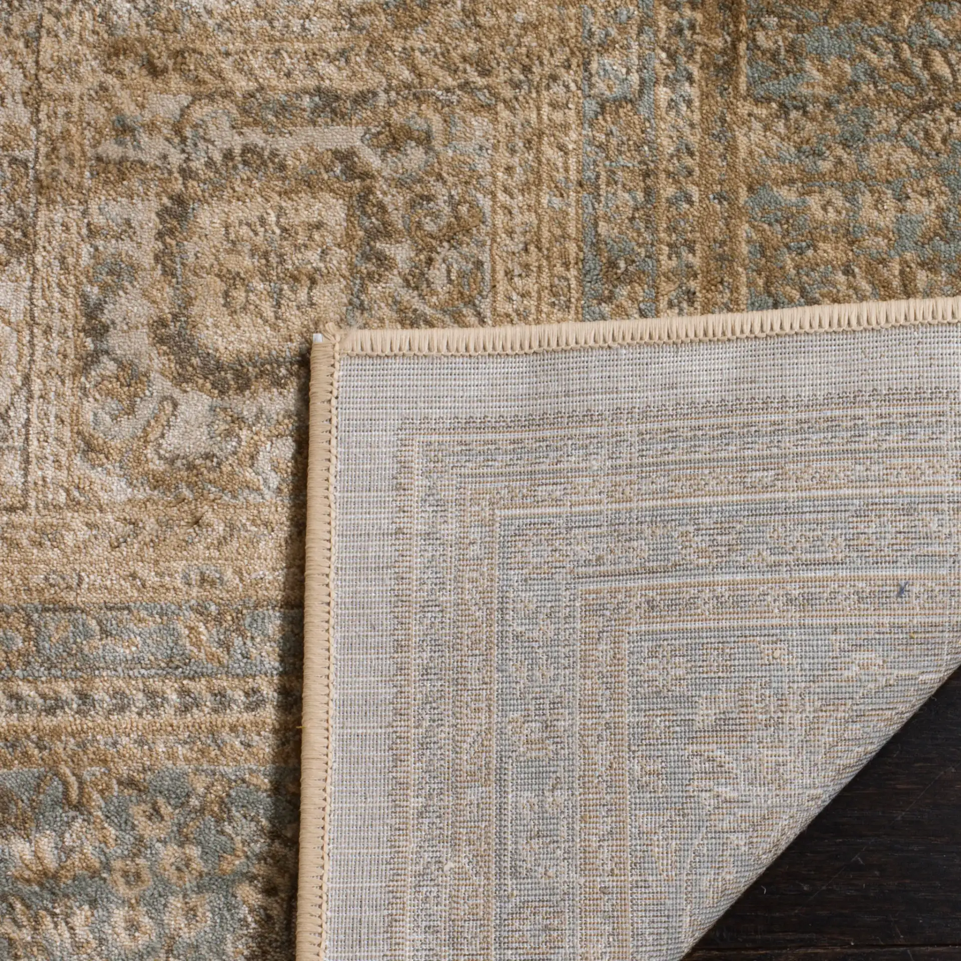 Vintage Panel Rug in Ivory / Light Blue in a styled room