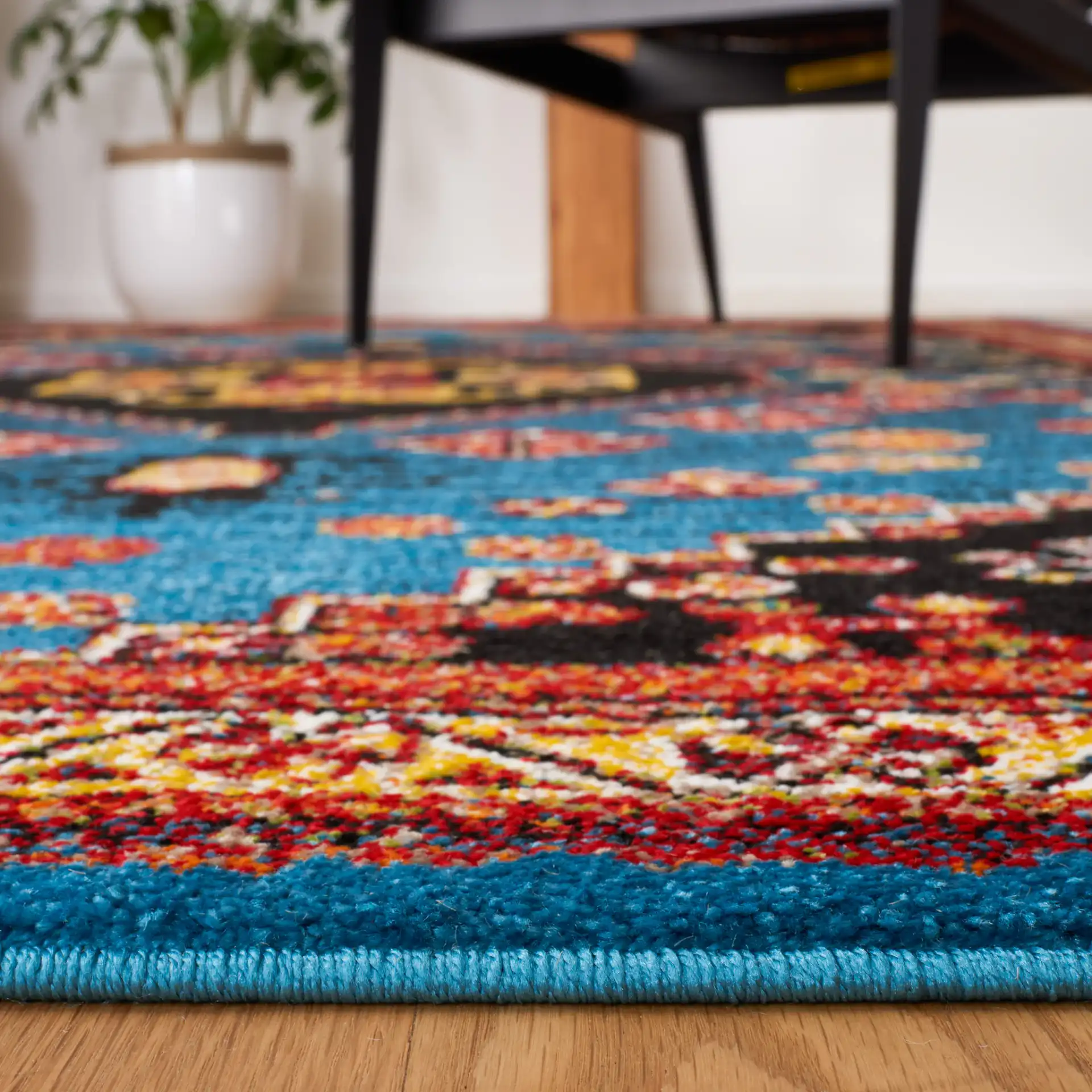 Vintage Hamadan Tribal Stepped Medallion Rug in Blue / Black in a styled room