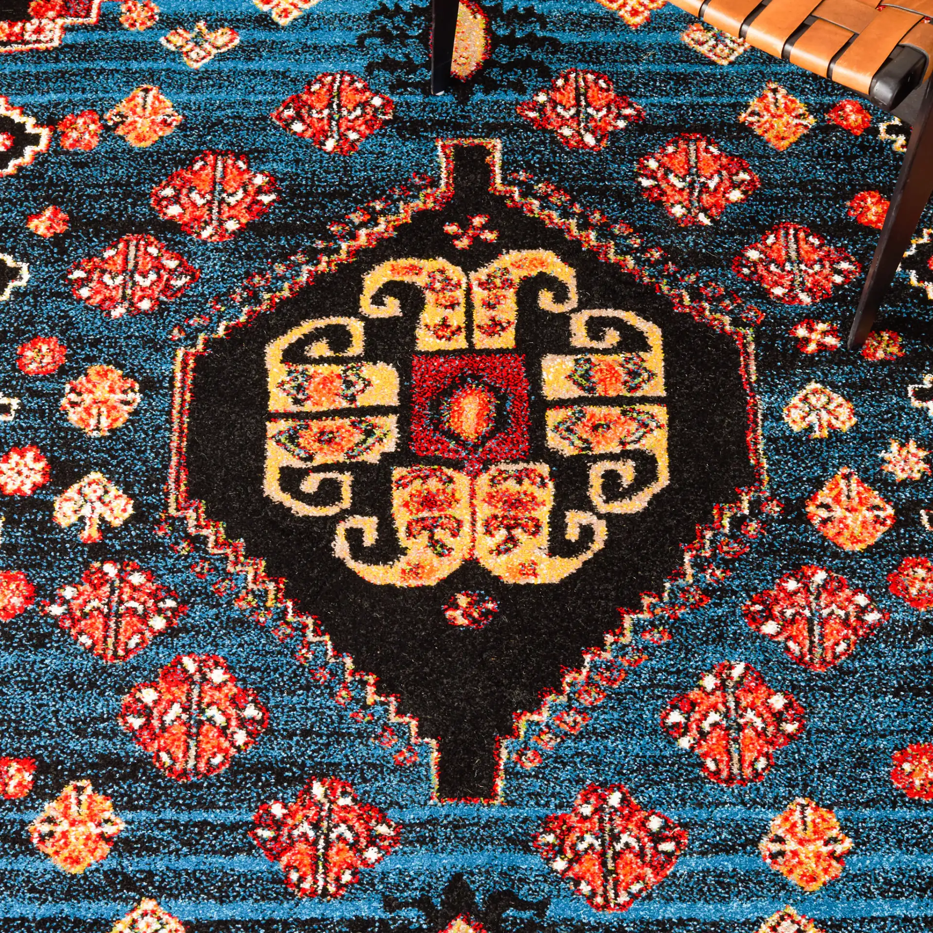 Vintage Hamadan Tribal Stepped Medallion Rug in Blue / Black in a styled room