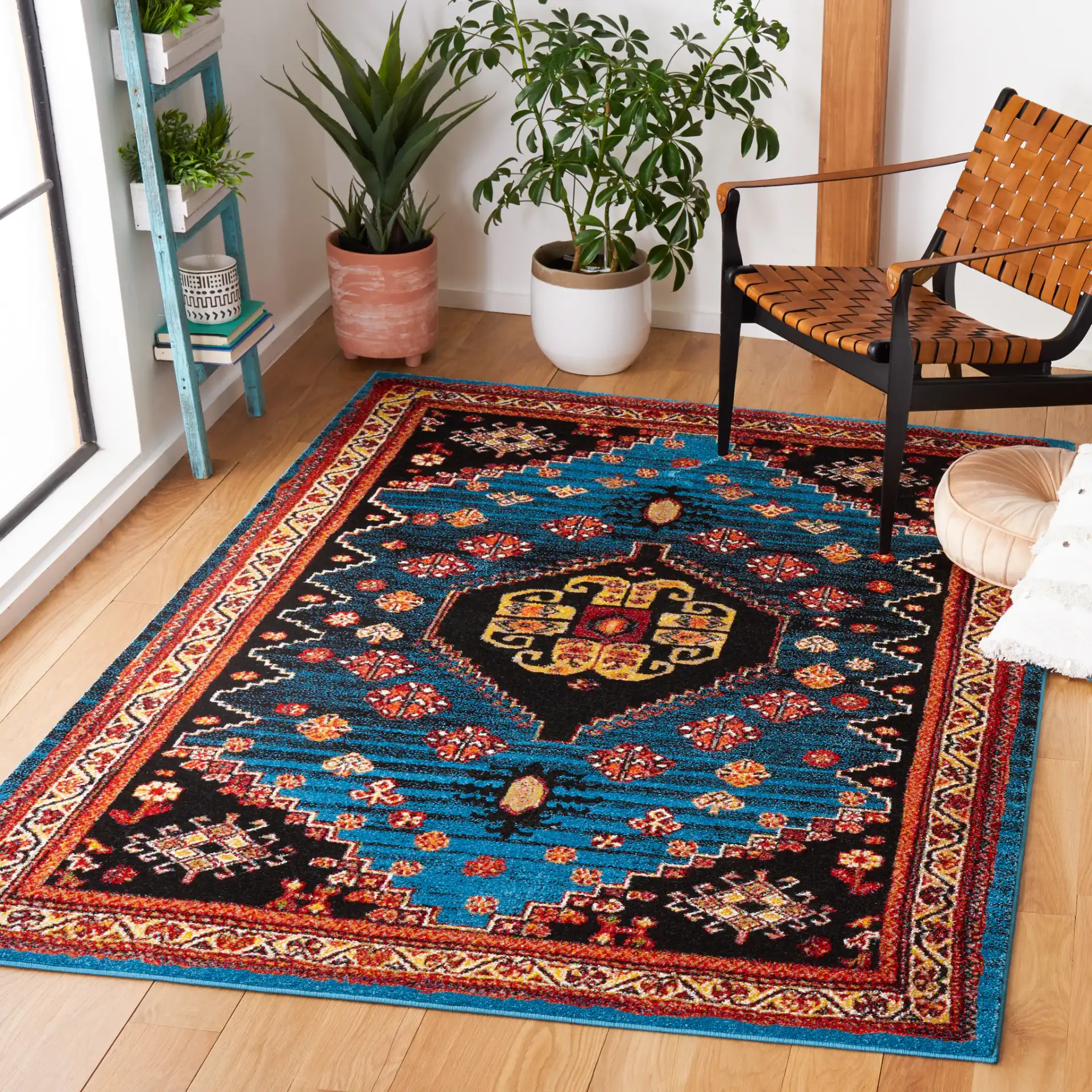 Vintage Hamadan Tribal Stepped Medallion Rug in Blue / Black in a styled room