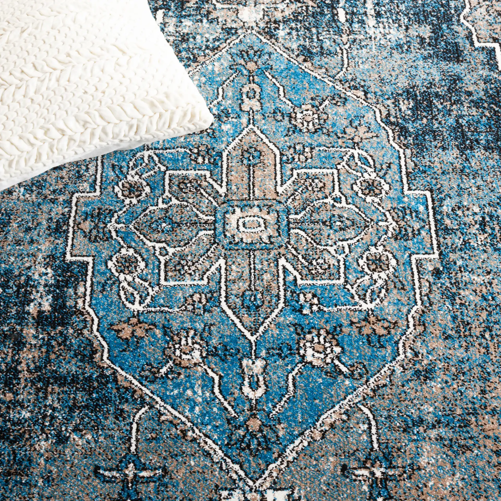 Vintage Hamadan Framed Medallion Rug in Blue / Ivory in a styled room