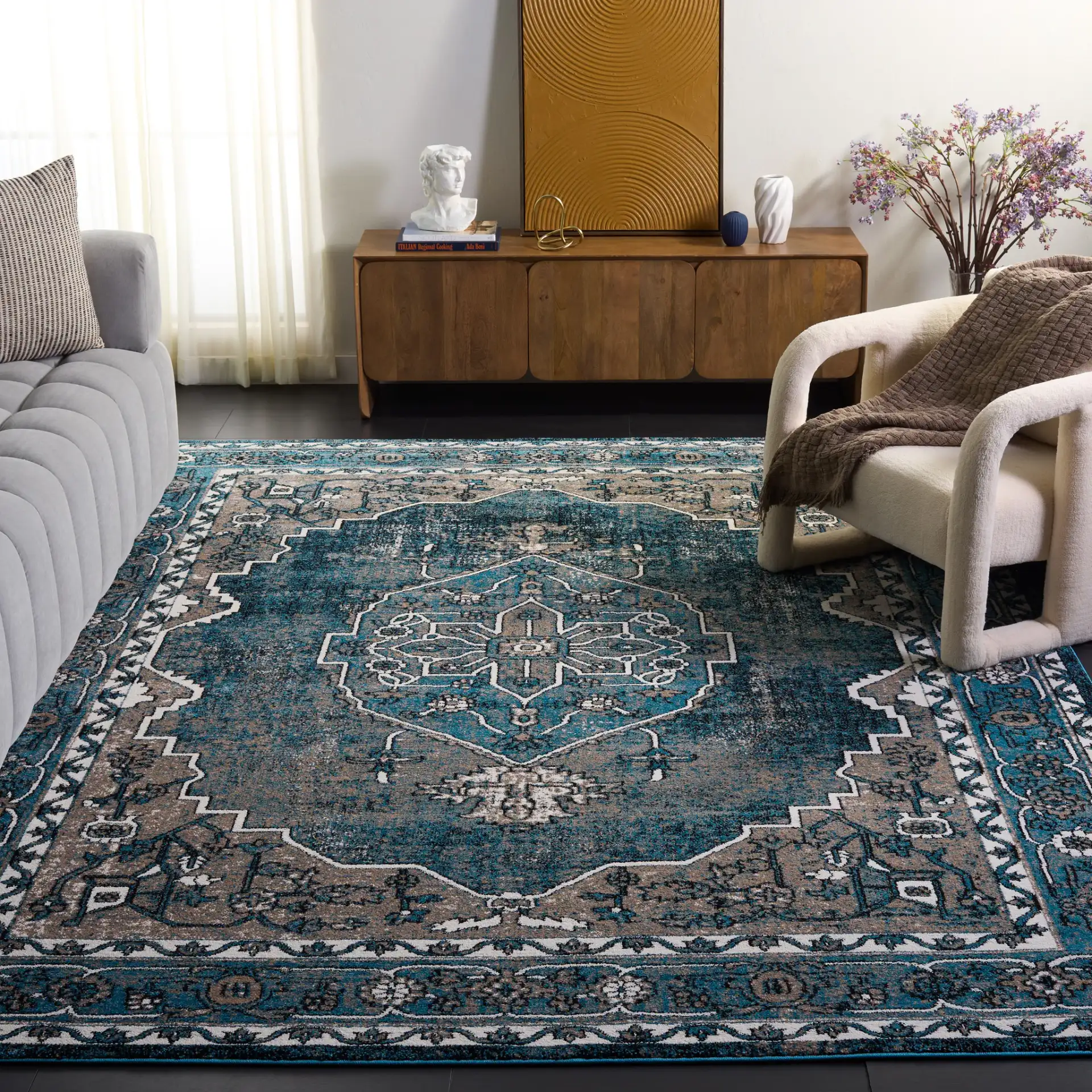 Vintage Hamadan Framed Medallion Rug in Blue / Ivory in a styled room