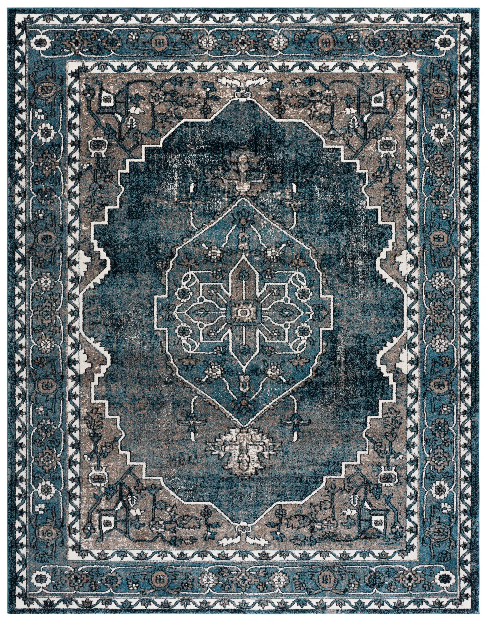 Vintage Hamadan Framed Medallion Rug in Blue / Ivory