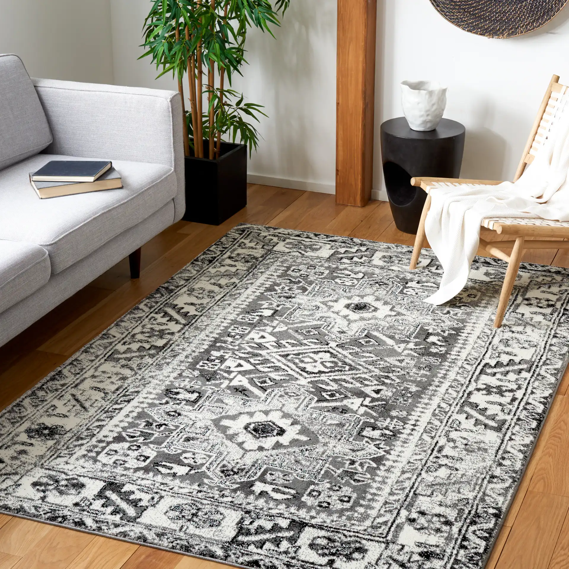 Vintage Hamadan Medallion Rug in Gray / Ivory in a styled room