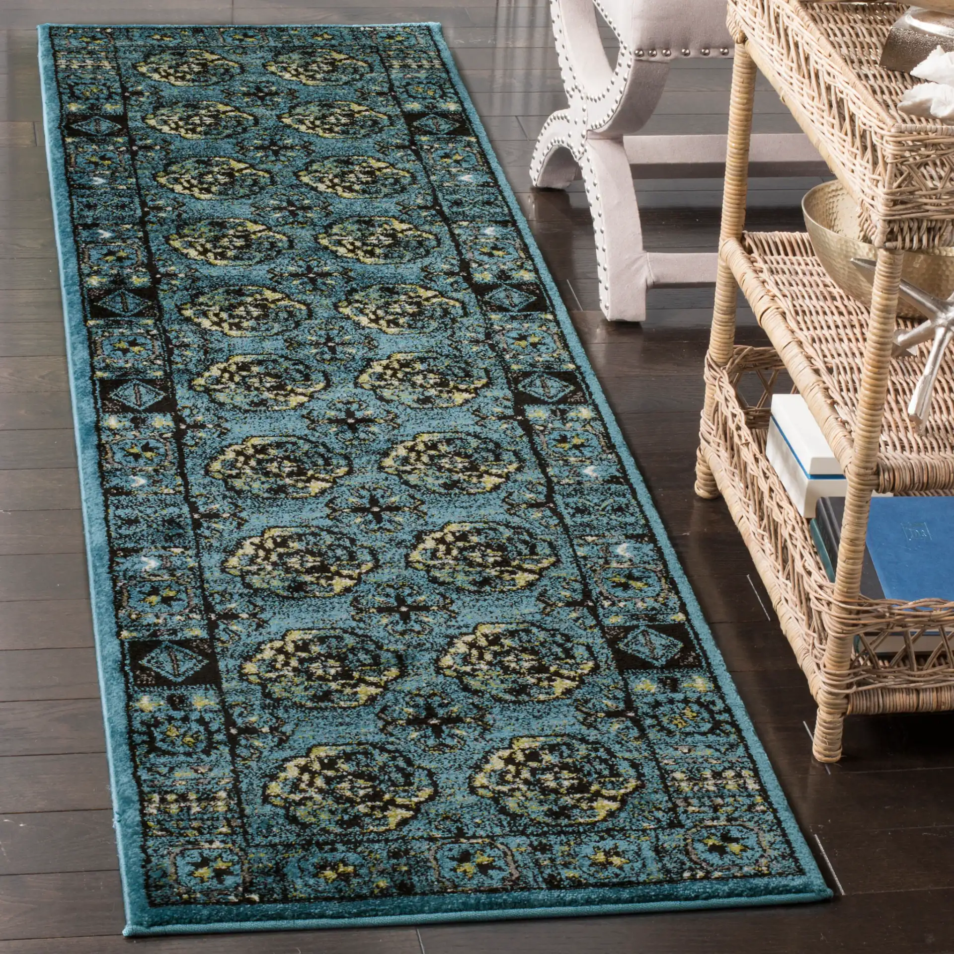 Vintage Hamadan Medallion Border Rug in Blue / Multicolor in a styled room