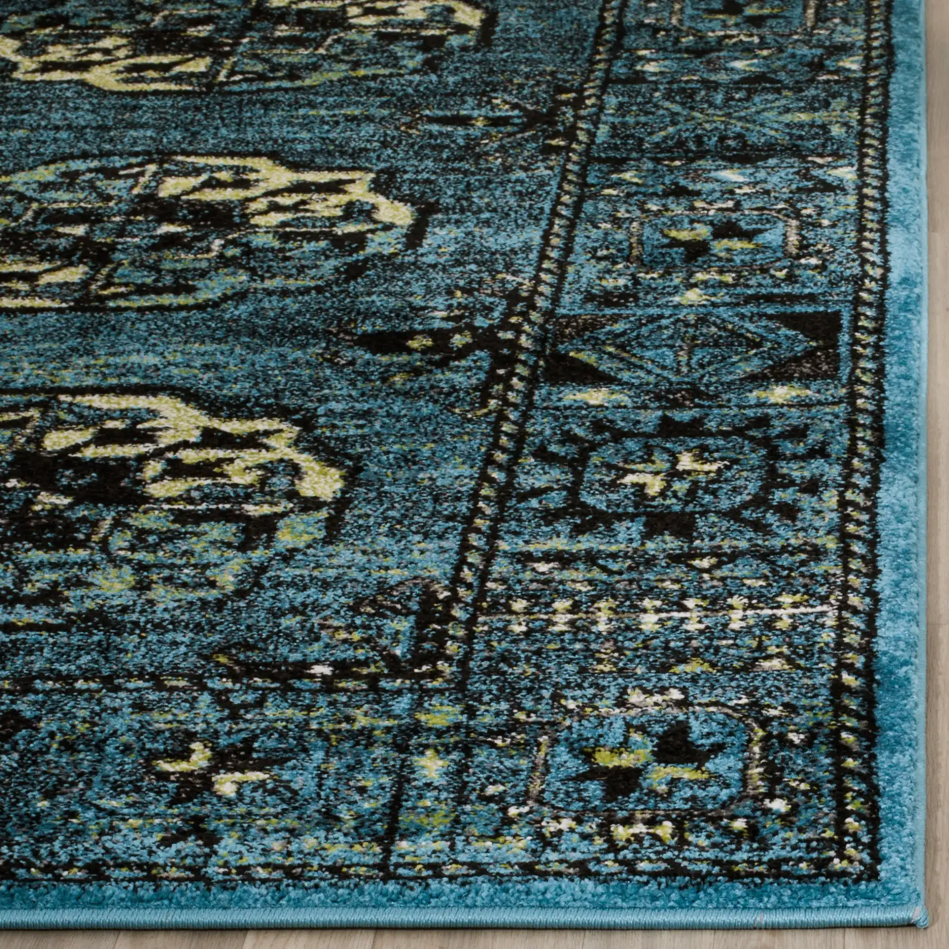 Vintage Hamadan Medallion Border Rug in Blue / Multicolor in a styled room