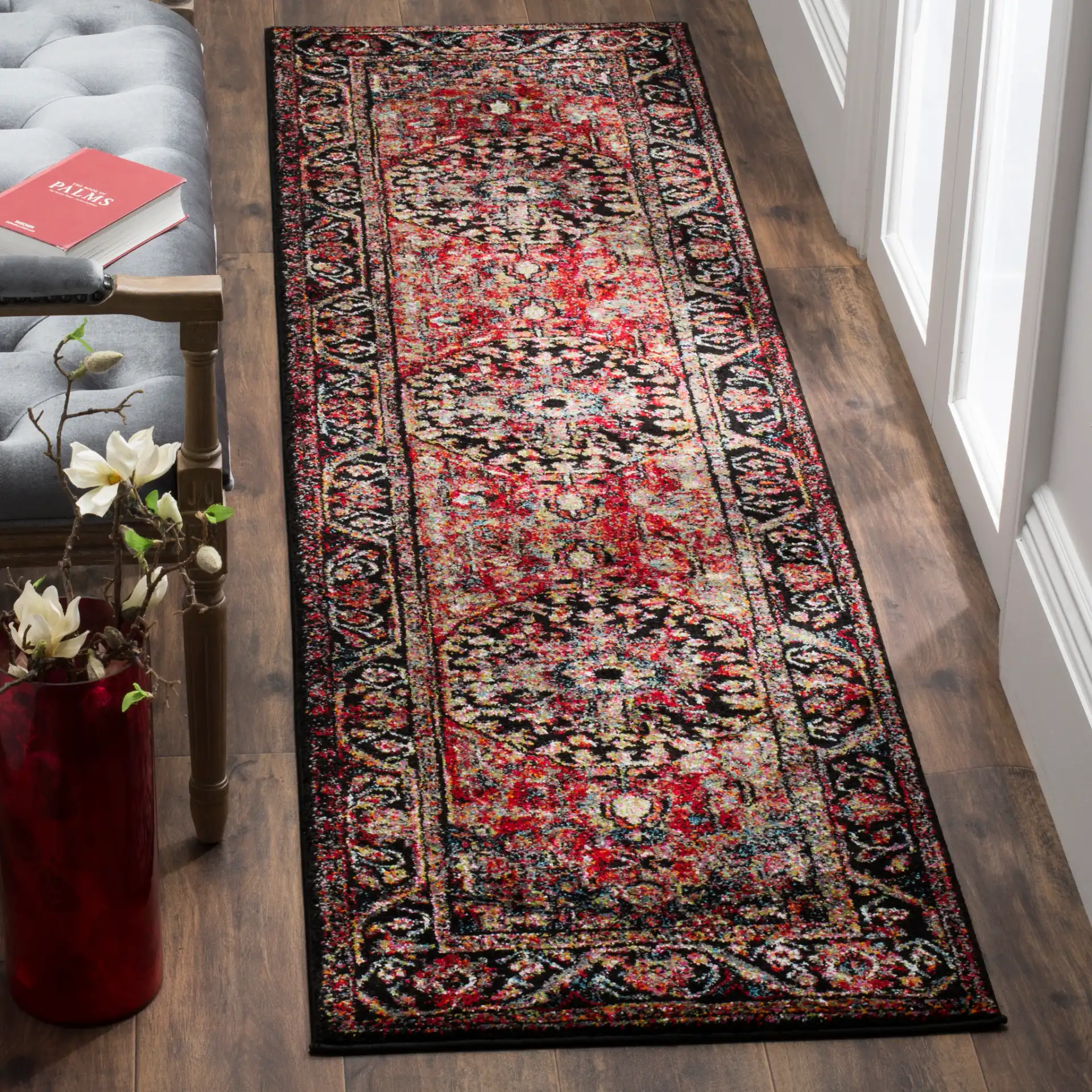 Vintage Hamadan Medallion Bordered Rug in Red / Multicolor in a styled room