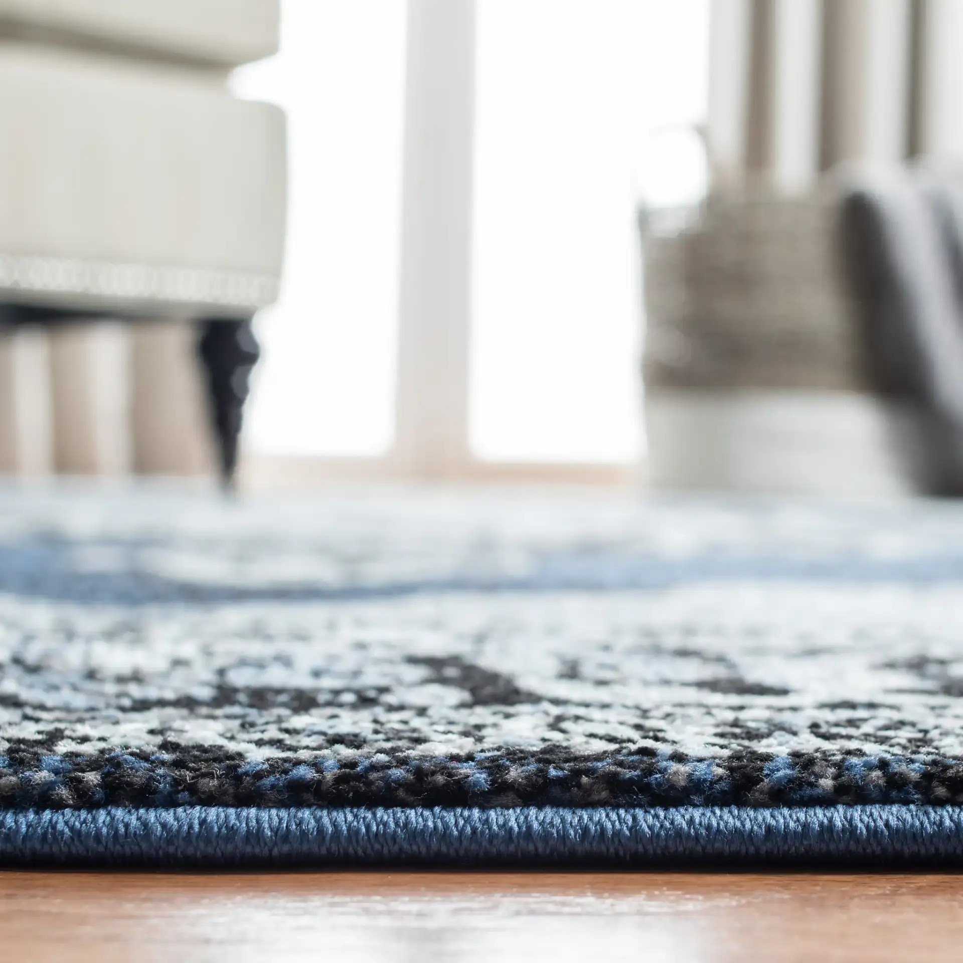 Vintage Hamadan Floral Medallion Rug in Blue / Gray in a styled room