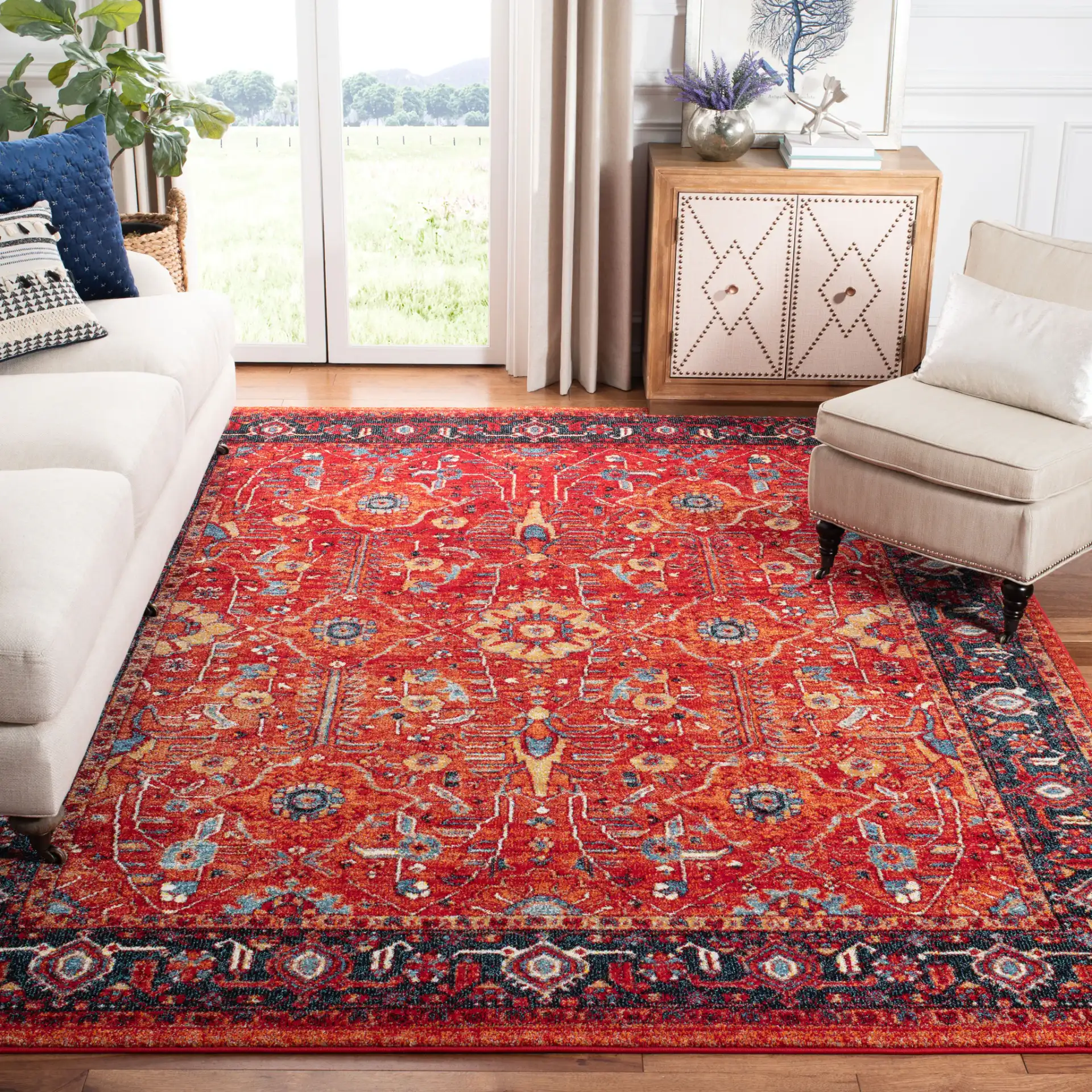 Vintage Hamadan Allover Floral Rug in Orange / Navy in a styled room