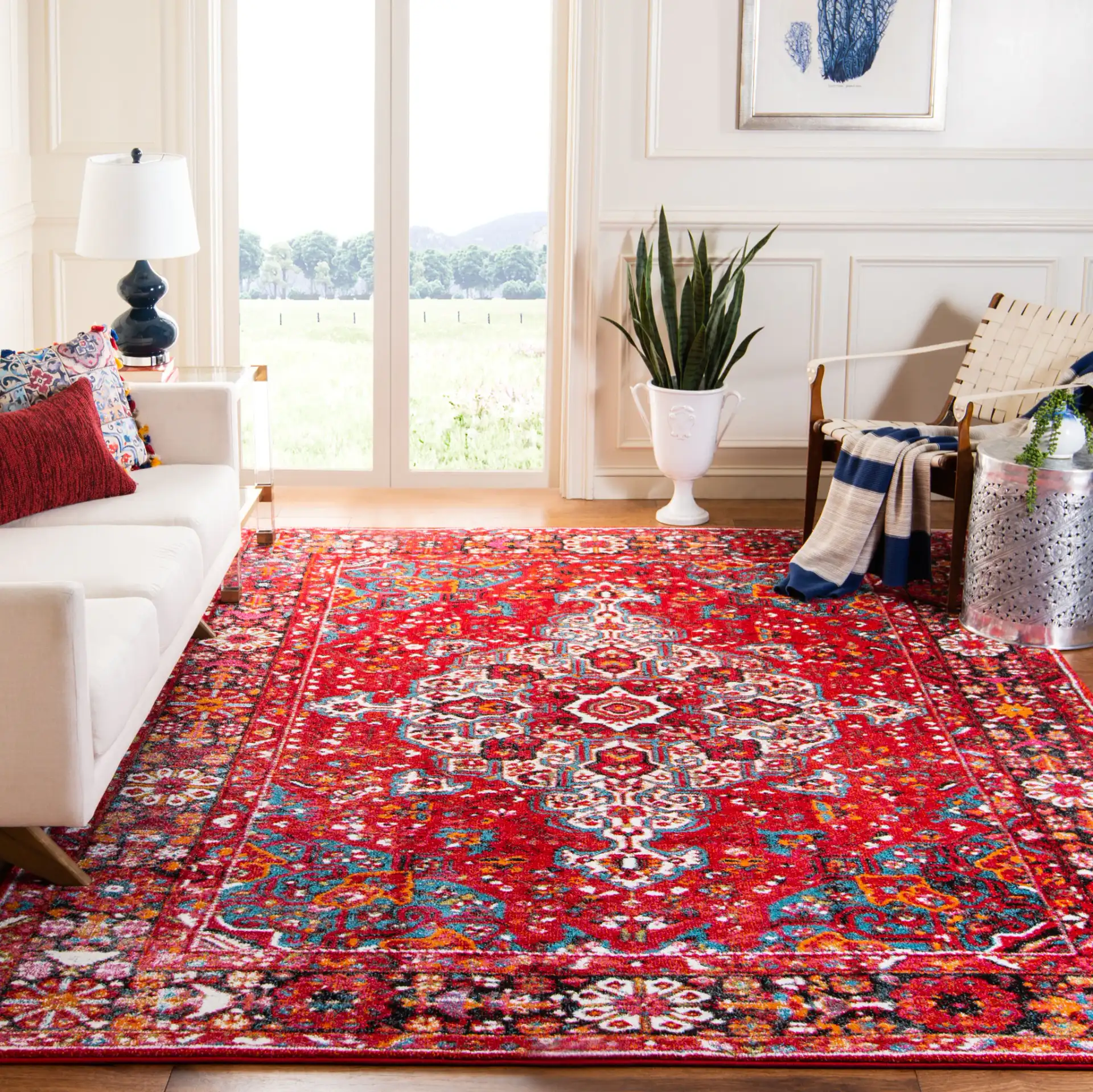 Vintage Hamadan Floral Arabesque Medallion Rug in Red / Multicolor in a styled room