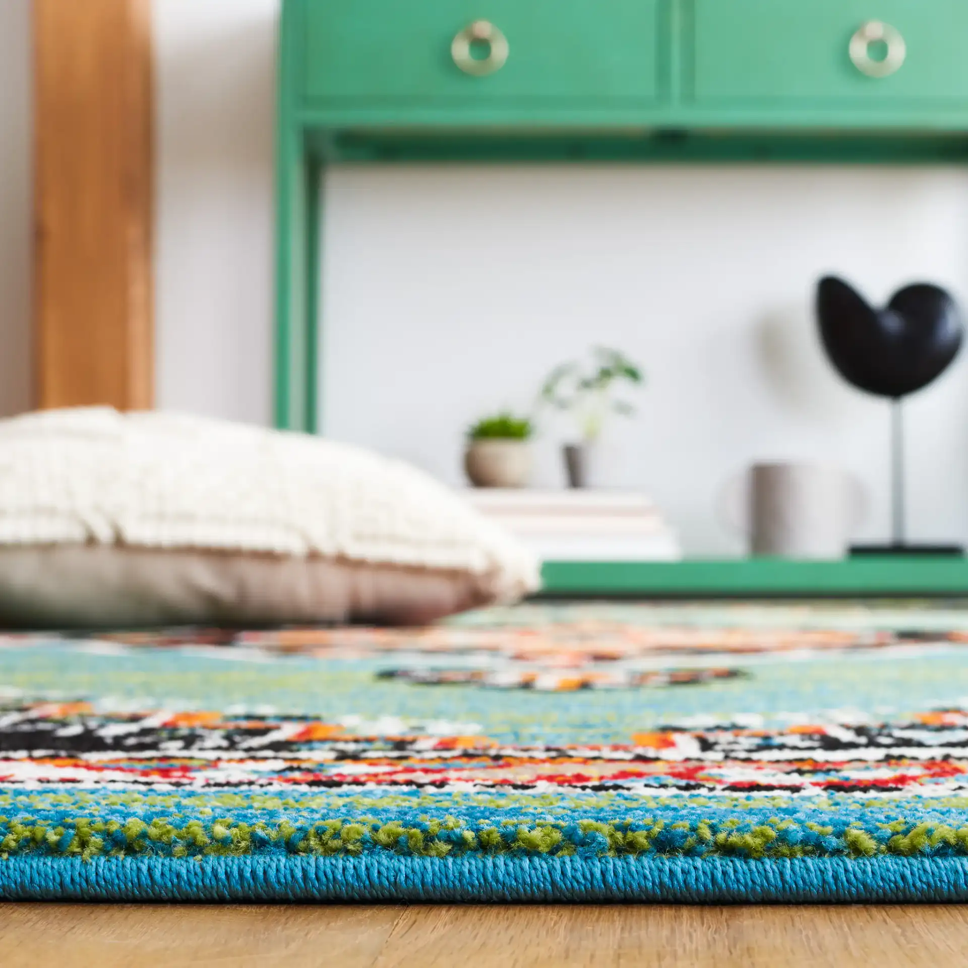 Vintage Hamadan Geometric Medallion Rug in Green / Black in a styled room