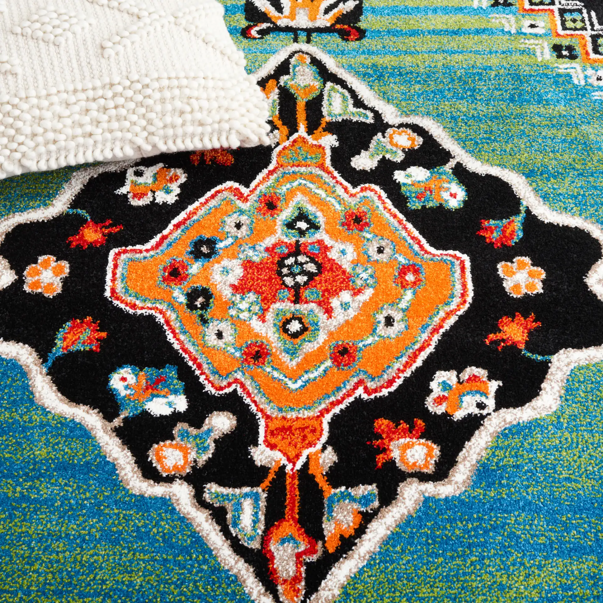 Vintage Hamadan Geometric Medallion Rug in Green / Black in a styled room
