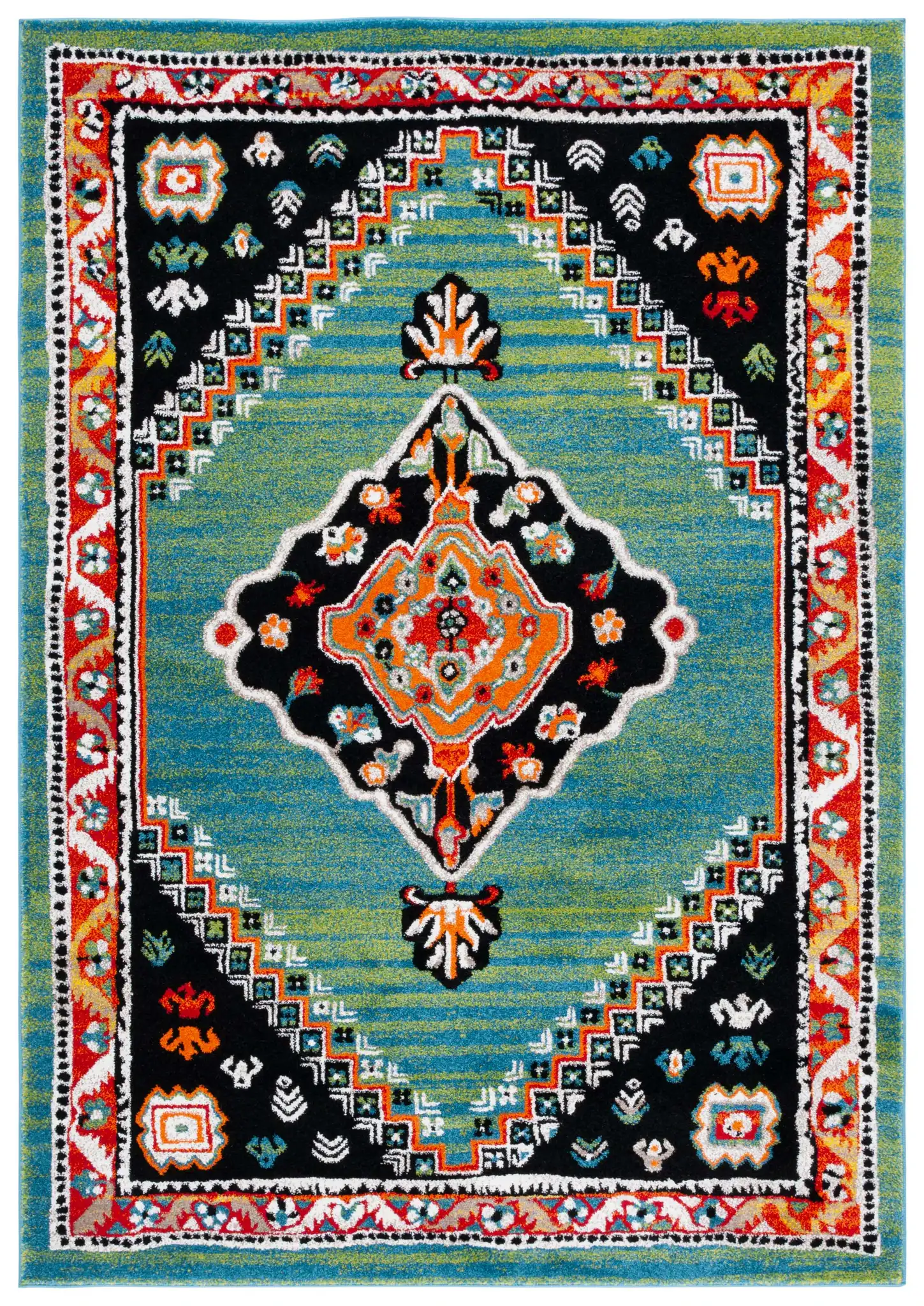 Vintage Hamadan Geometric Medallion Rug in Green / Black