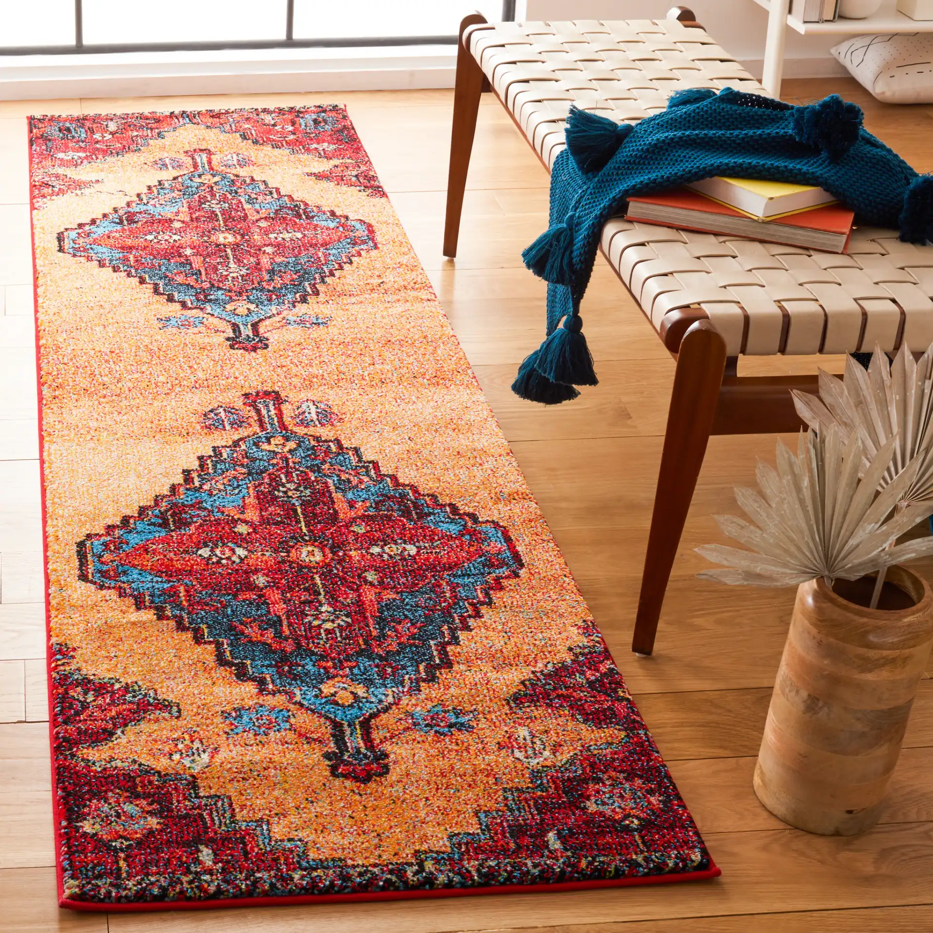 Vintage Hamadan Cross Diamond Medallion Rug in Red / Blue in a styled room