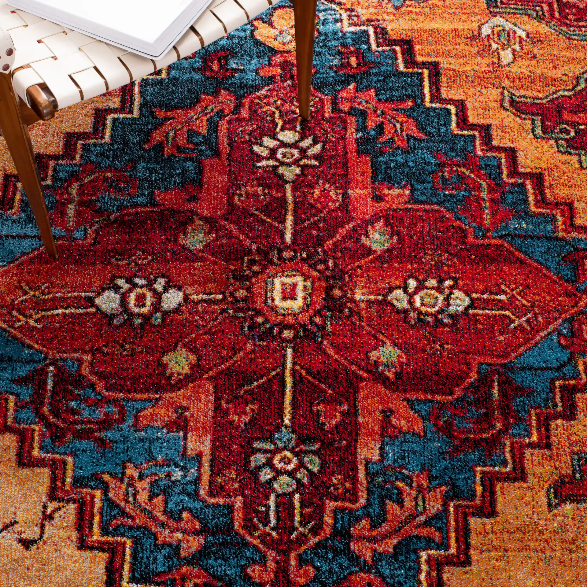 Vintage Hamadan Cross Diamond Medallion Rug in Red / Blue in a styled room