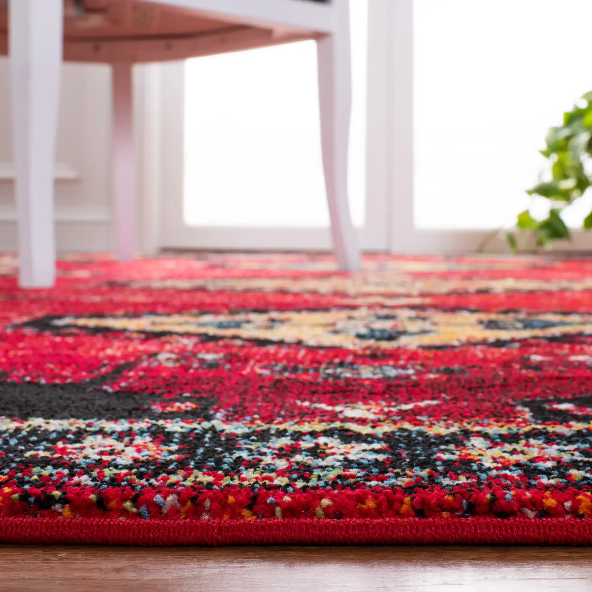 Vintage Hamadan Stepped Diamond Rug in Red / Black in a styled room